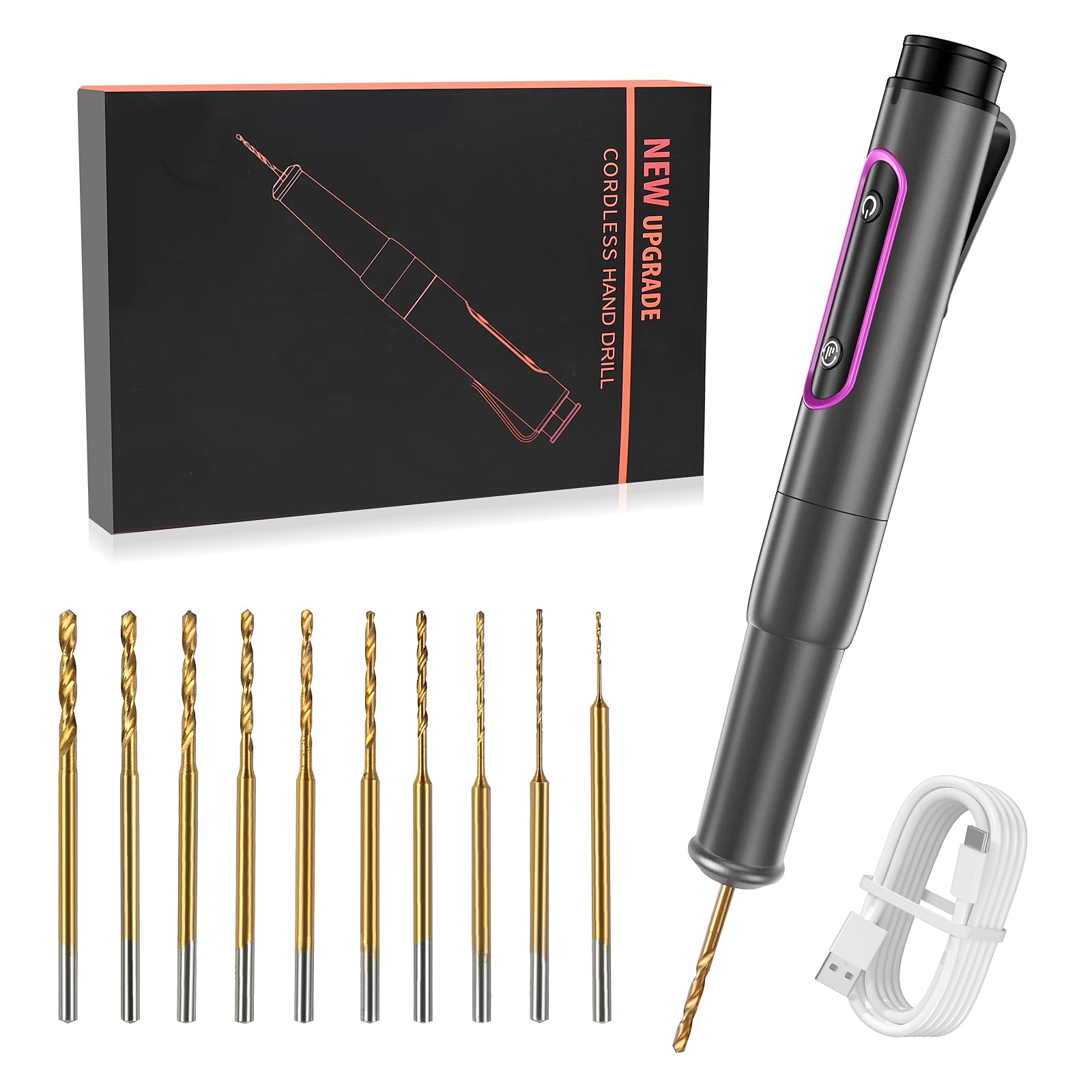 Comius Sharp Mini Trapano Elettrico USB Ricaricabile DIY Drill Pen Set 10 Punte Elicoidali 0.6-2.2 mm per Resina Plastica Legno Circuiti