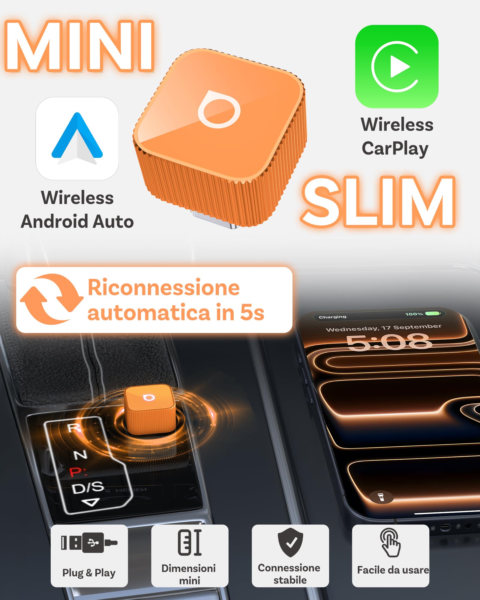 OTTOCAST Mini Slim 2026 Version, Adattatore Wireless CarPlay & Android Auto, Converti CarPlay/Android Auto da cablato a wireless, Dongle USB‑C Compatto, Cube arancione