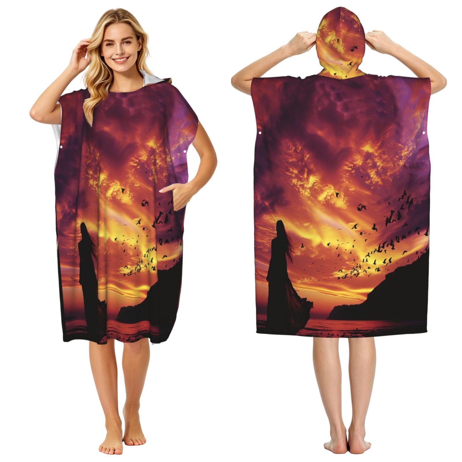 DTHKJNLSF The Sky Is Filled With Rosy Glow Adult Hooded Beach Poncho Towel