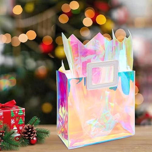 Miniatura 7 de Bolsa de regalo holográfica con papel de seda, reutilizable, bolsa de regalo de cumpleaños para mujeres y niñas, iridiscente, despedida de soltera,
