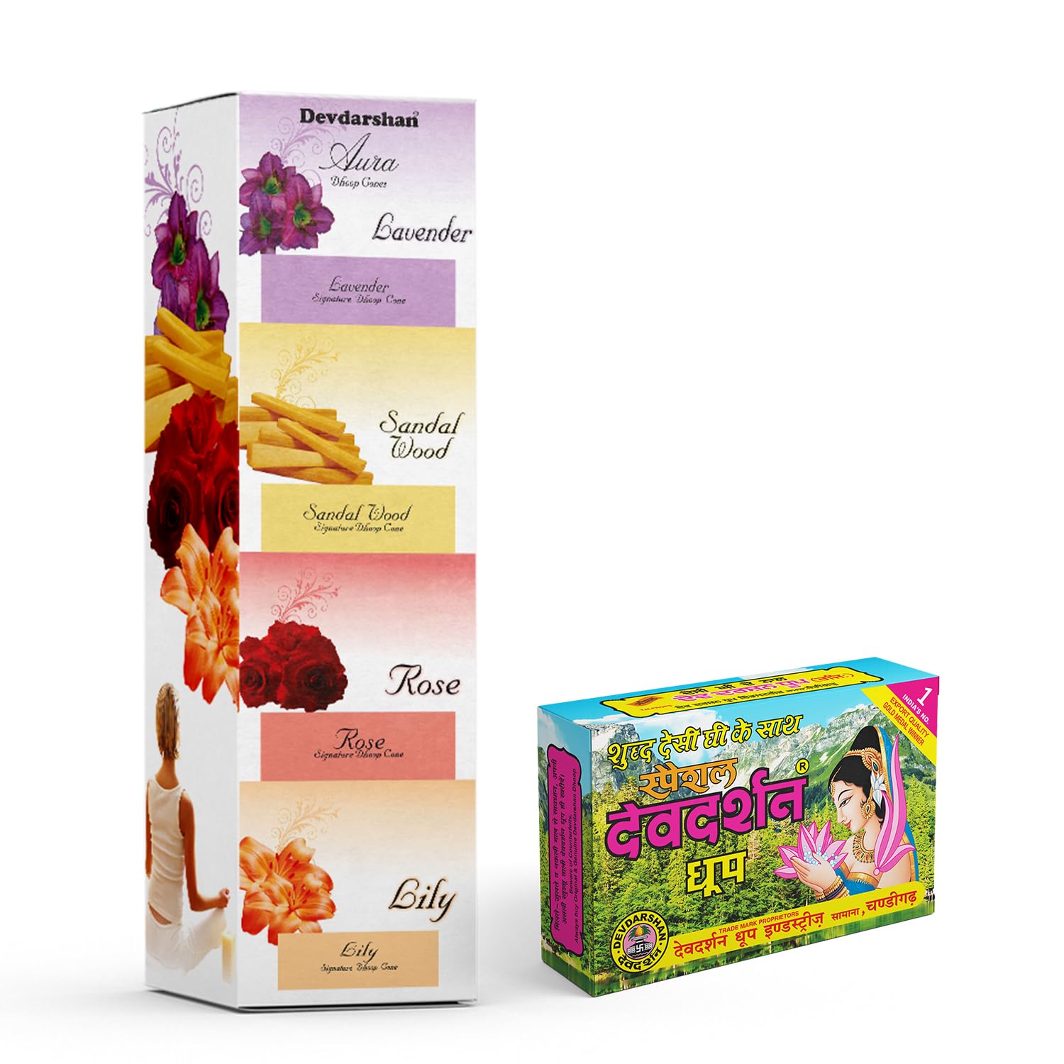 Aura Dry Dhoop Cones (12 Pcs) & Special Wet Dhoop Sticks (12 Pcs) – Pack of 2 | Fragrances of Lavender, Rose, Sandal, Lily & Floral | Ideal for Puja, Meditation, Aromatherapy & Festive Use