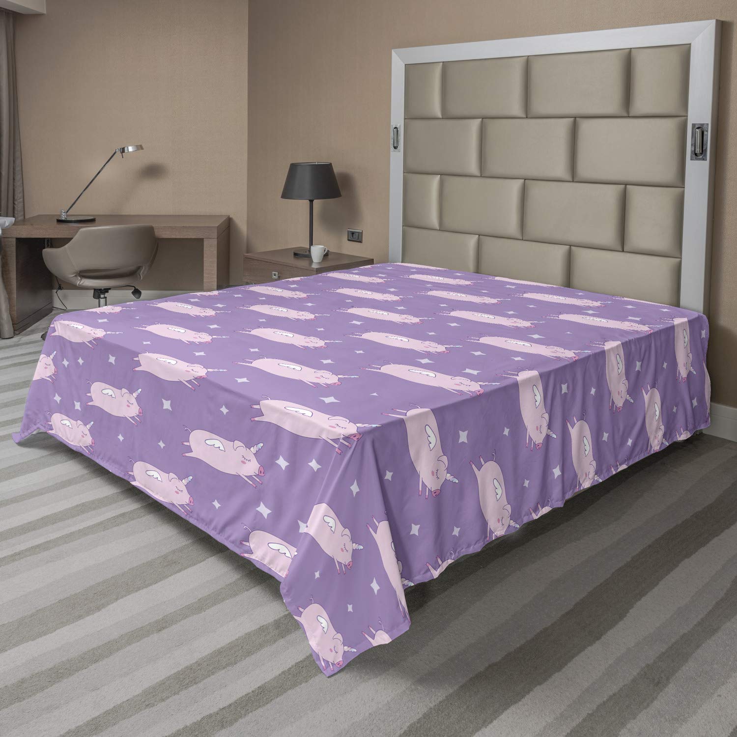 Ambesonne Cartoon Flat Sheet, Sleeping Pigs with Wings and Unicorn's Horn Animals Cartoon Pattern, Soft Comfortable Top Sheet Decorative Bedding 1 Piece, King Size, Pale Pink Pale Purple