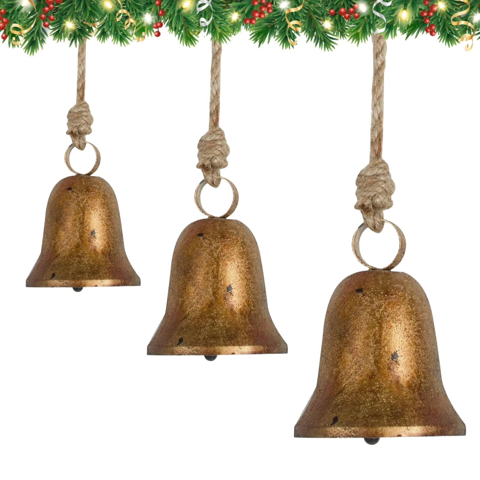 Generic - 3 campane natalizie vintage, rustiche, con corda di iuta, in metallo dorato anticato, per albero di Natale, ghirlanda, porta, camino, matrimoni e decorazioni per la casa