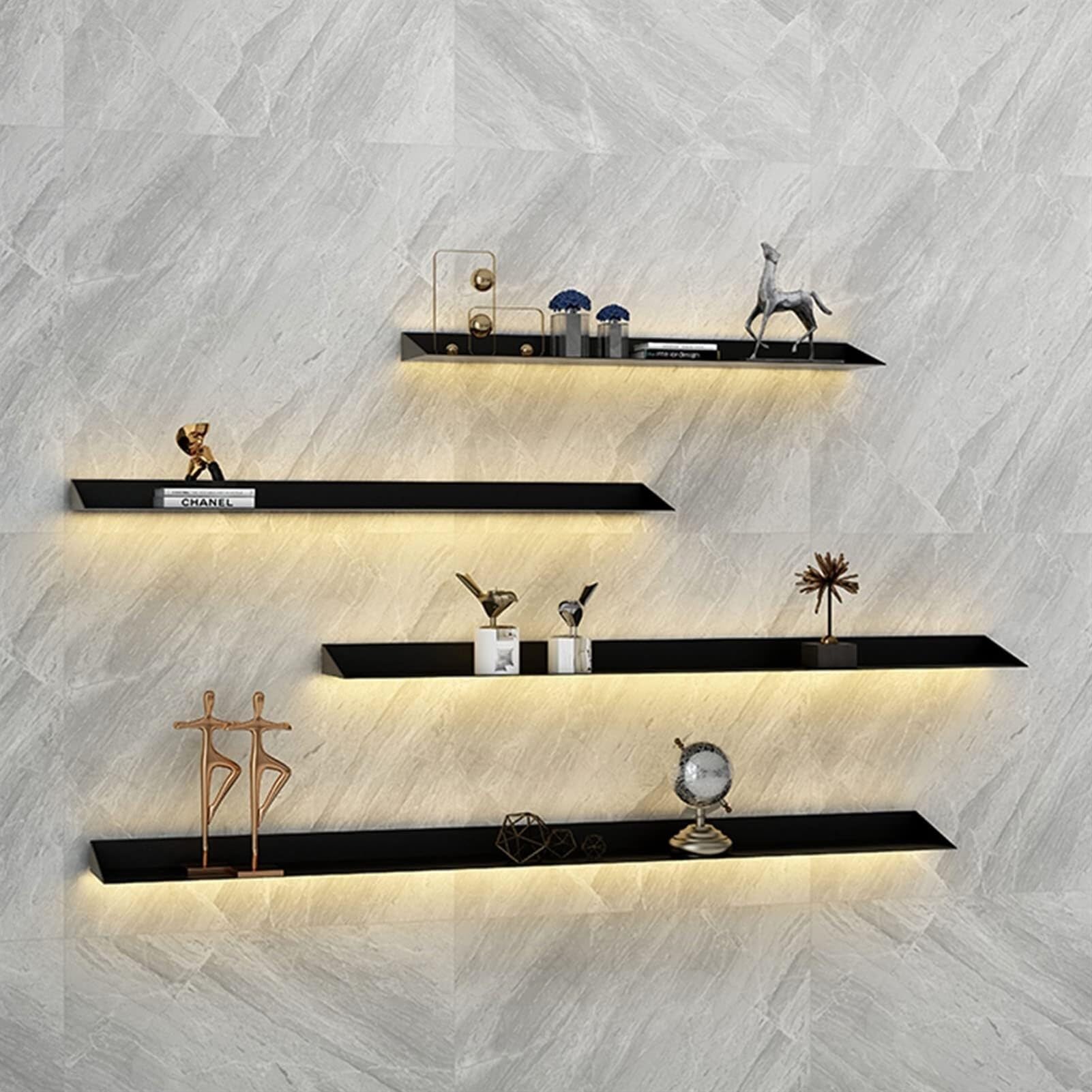 TYUHDUYUR Floating Wall Shelves,Steel Wall Mounted Display Shelves with LED Warm Light Double Light-Emitting Shelves for Exhibition Stand (Noir 80cm) (Noir 80cm)