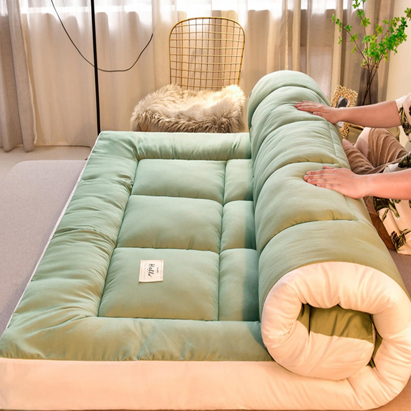 Matelas Futon, Tatami Japonais, Matelas Pliable 2 Places, Vert, 120 x 200 cm, Mousse à Mémoire de Forme, Moyen, Polyester