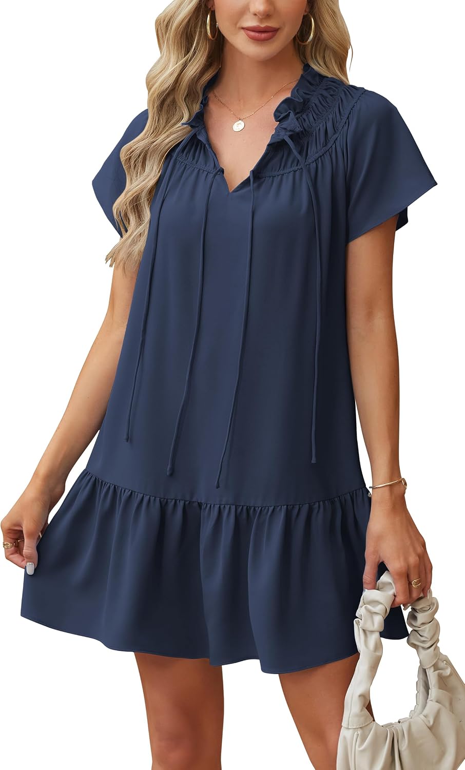 Angashion Womens Summer Mini Dress Short Sleeves V Neck Dresses Ruffle Casual Tie Sundress with Pockets