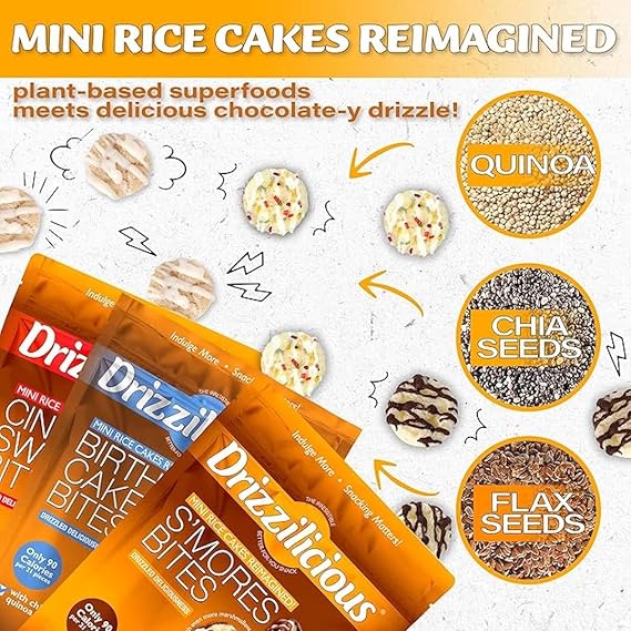 Drizzilicious Mini Rice Cakes Variety Pack - S'Mores, Cinnamon Swirl, Birthday Cake - Rice Crisps, Healthy Snack for Adults and Kids, Flavored Rice Cakes, Vegan, Gluten Free, Allergen Free, Only 90 Calories Per Bag, Made with Avocado Oil - 0.74 oz (Pack of 32)