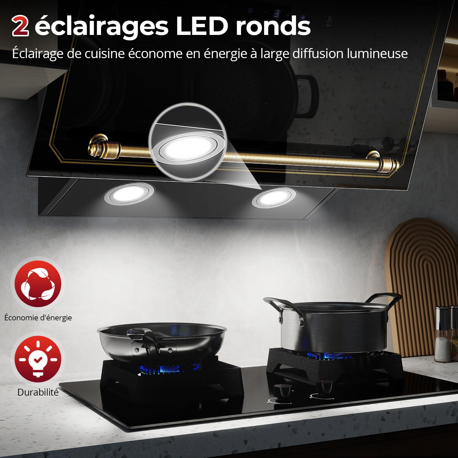 SNDOAS Hotte Aspirante 60 cm, A+++ Hotte Cuisine Silencieuse Inclinée, 450 m³/h, 3 Vitesses + Boost, Évacuation/Recyclage, Filtres à Charbon Inclus, Commandes Tactiles & Gestuelles, Noir/Or