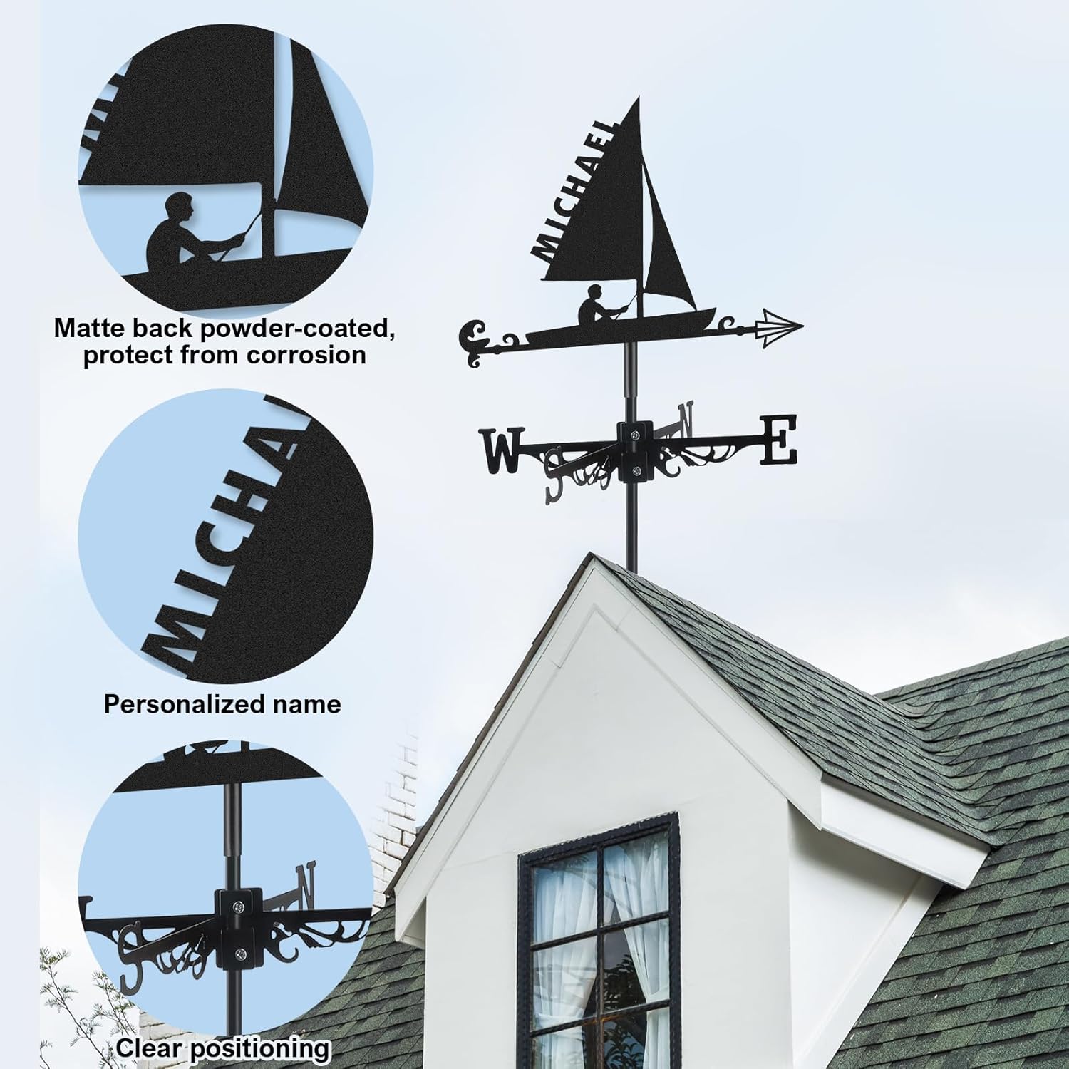 Personalized Sailboat Metal Weather Vane, Custom Name Weathervane, Wind Direction Indicator, Weather Vanes Roof Mount, Wind Vane Outdoor Decor for Shed Garden Yard Patio, Housewarming Gifts