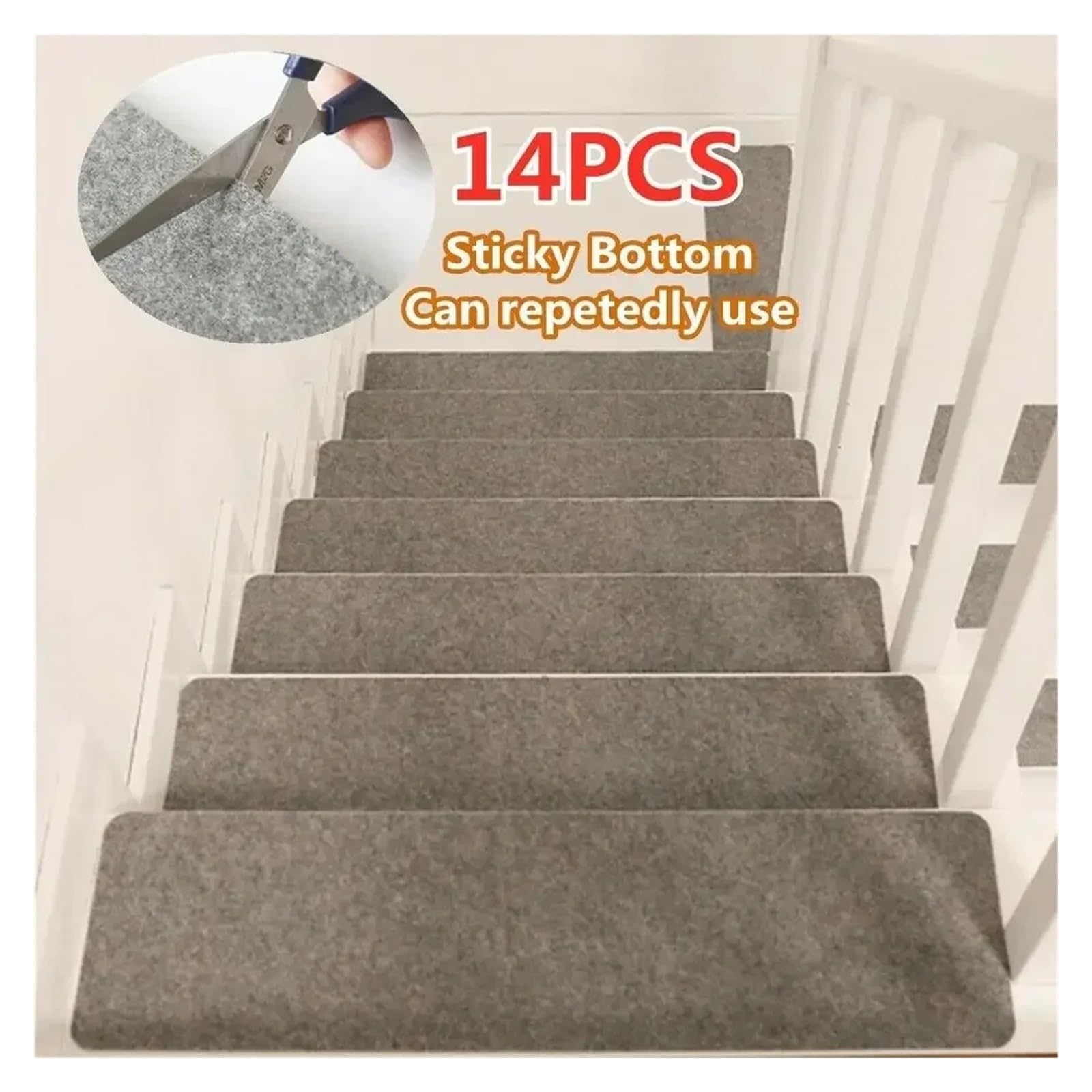 Lot de 14 dalles de tapis d'escalier autocollantes - Tapis antidérapant pour protection d'escalier - Gris clair - Facile à installer - Décoration d'intérieur
