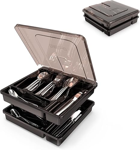 Bandeja grande de cubiertos de 2 capas con tapa, organizador de utensilios apilable para encimera, bandeja extraíble para organizador de cubiertos,