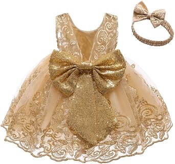 0-6T Big Bowknot Sequins Toddler Baby Girls Embroidered Lace Dresses with Headwear