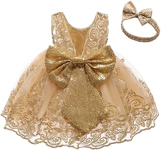 0-6T Big Bowknot Sequins Toddler Baby Girls Embroidered Lace Dresses with Headwear - Buy now