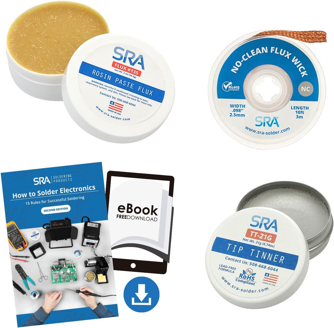 SRA Solder Upgrade Kit - USA Made Rosin Electronics Flux Soldering Paste, Lead Free Tip Tinner for Iron Maintenance, 10' Copper Braid Desoldering Wick .098" and How to Solder PDF Guide