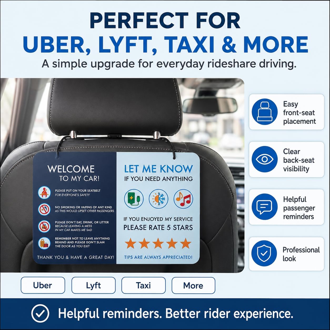 NIVRANA Rideshare Car Sign & Warning Sticker Kit – 2-Pack Hanging Passenger Rules Signs with Window Warning Stickers, Uber Lyft Taxi Driver Accessories, No Smoking, No Food, Higher Ratings and More Tips for Rideshare Drivers, Camera Recording Notice image 3