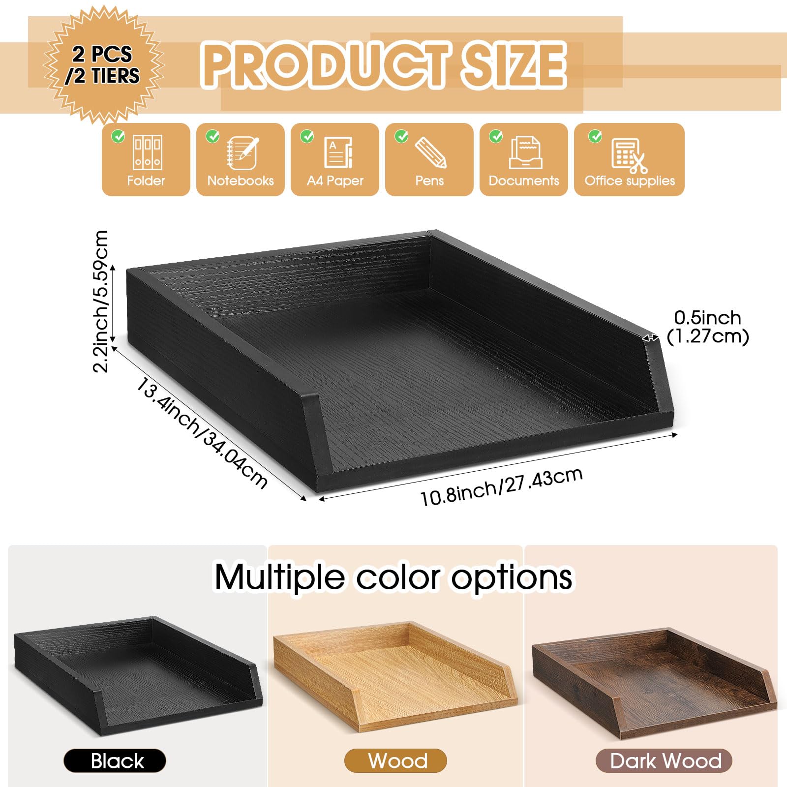 DoubleFill 2 bandejas de madera para cartas, organizador de papel de escritorio de 2 niveles, bandeja de documentos de escritorio de tamaño carta, resistente y apilable, para cajones de papel, carpeta