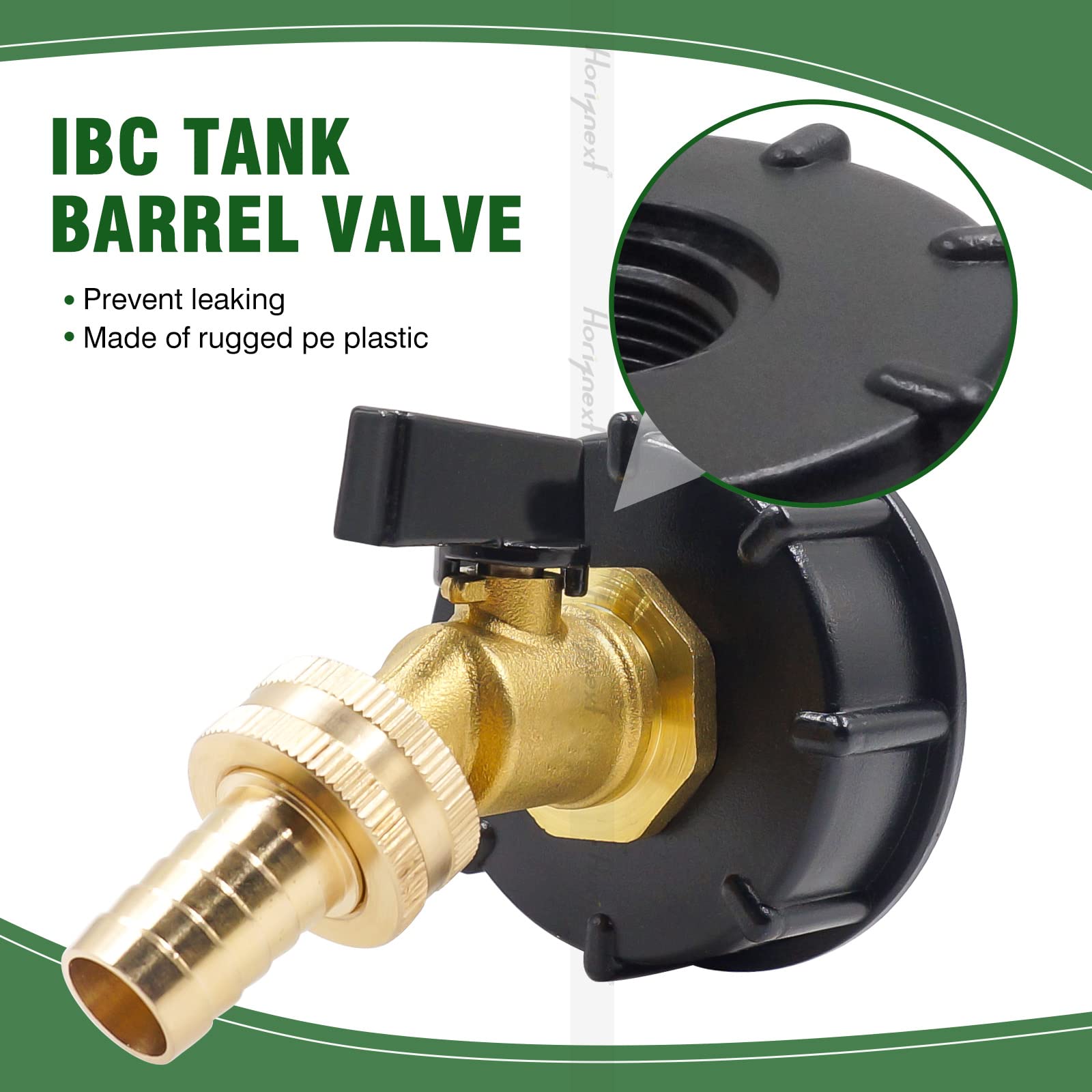 Kit de válvula dentro de adaptador de tanque IBC de rosca gruesa de 2-2/5 pulgadas, sin plomo 5/8 pulgadas O.D. espiga de púas de latón, para manguera de jardín