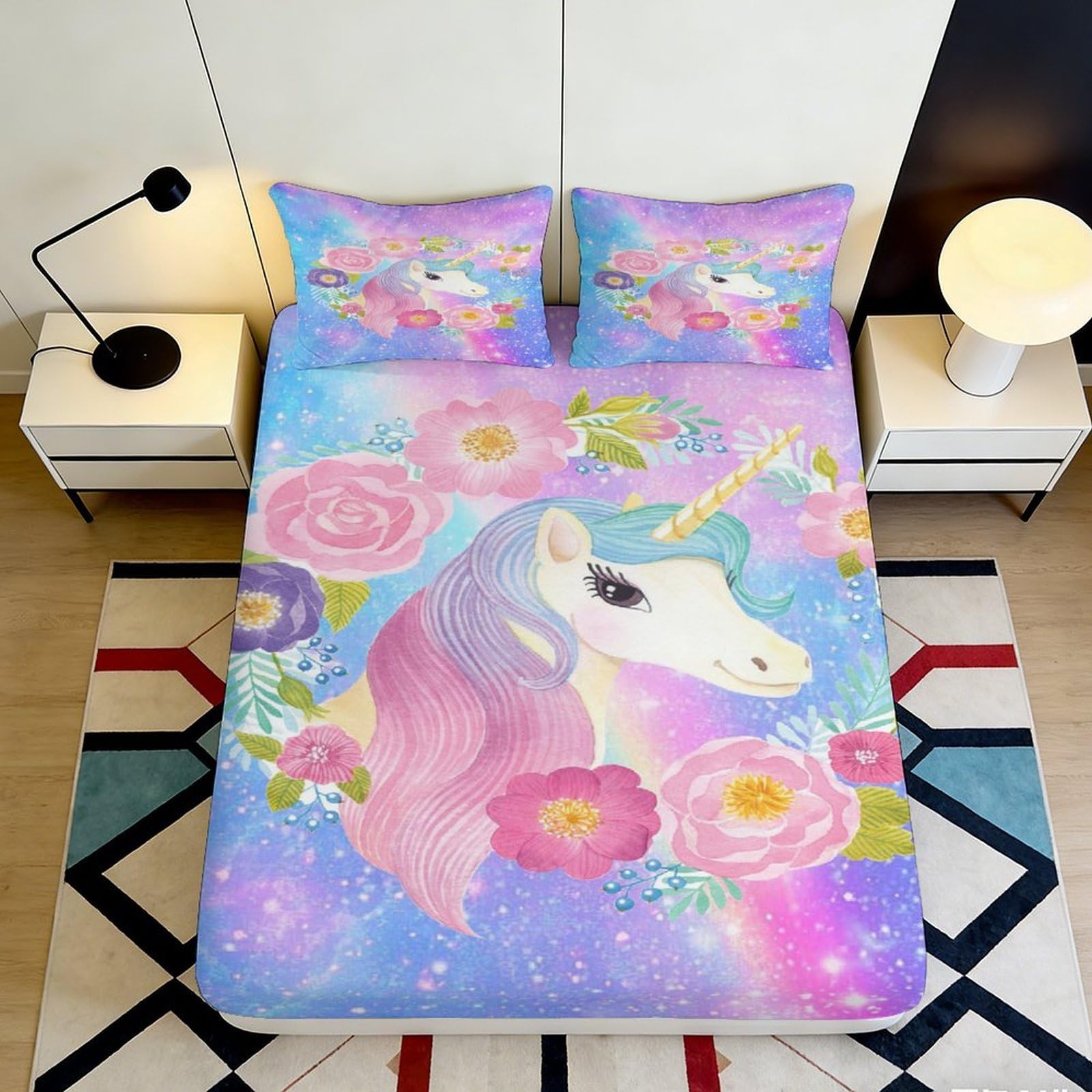 3D Printed Unicorn Floral Fitted Sheet Microfiber Soft Pastel Rainbow Bed Sheet for Bedroom Guest Room Decor 90x200x25cm
