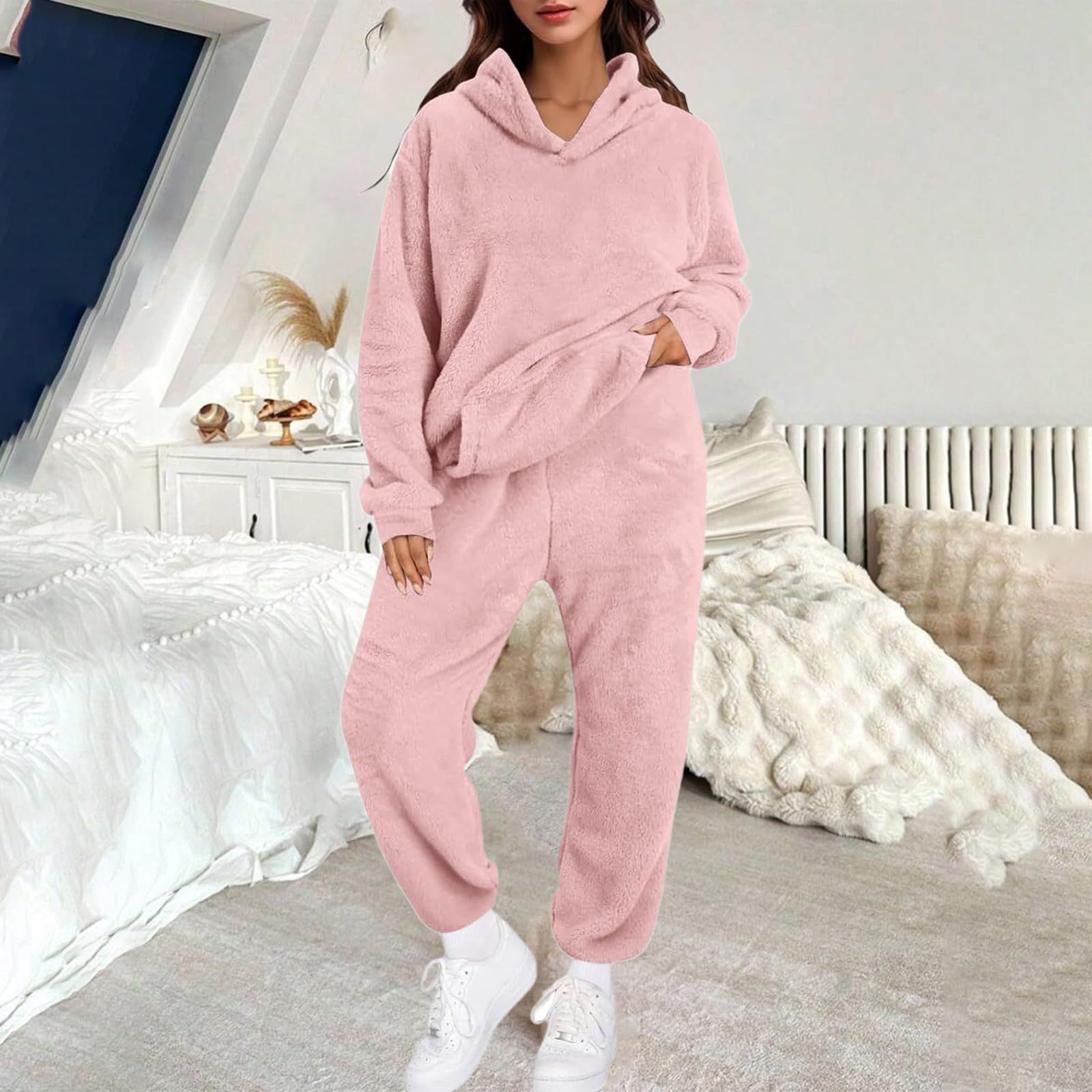 Completo da Donna in Due Pezzi per La Casa, con Cappuccio, Maniche Lunghe, E Pantaloni Casual, Tinta Unita, Autunno Inverno Maglietta Natale Bambina Pigiama Lunghe Lungo Estivo Curvy