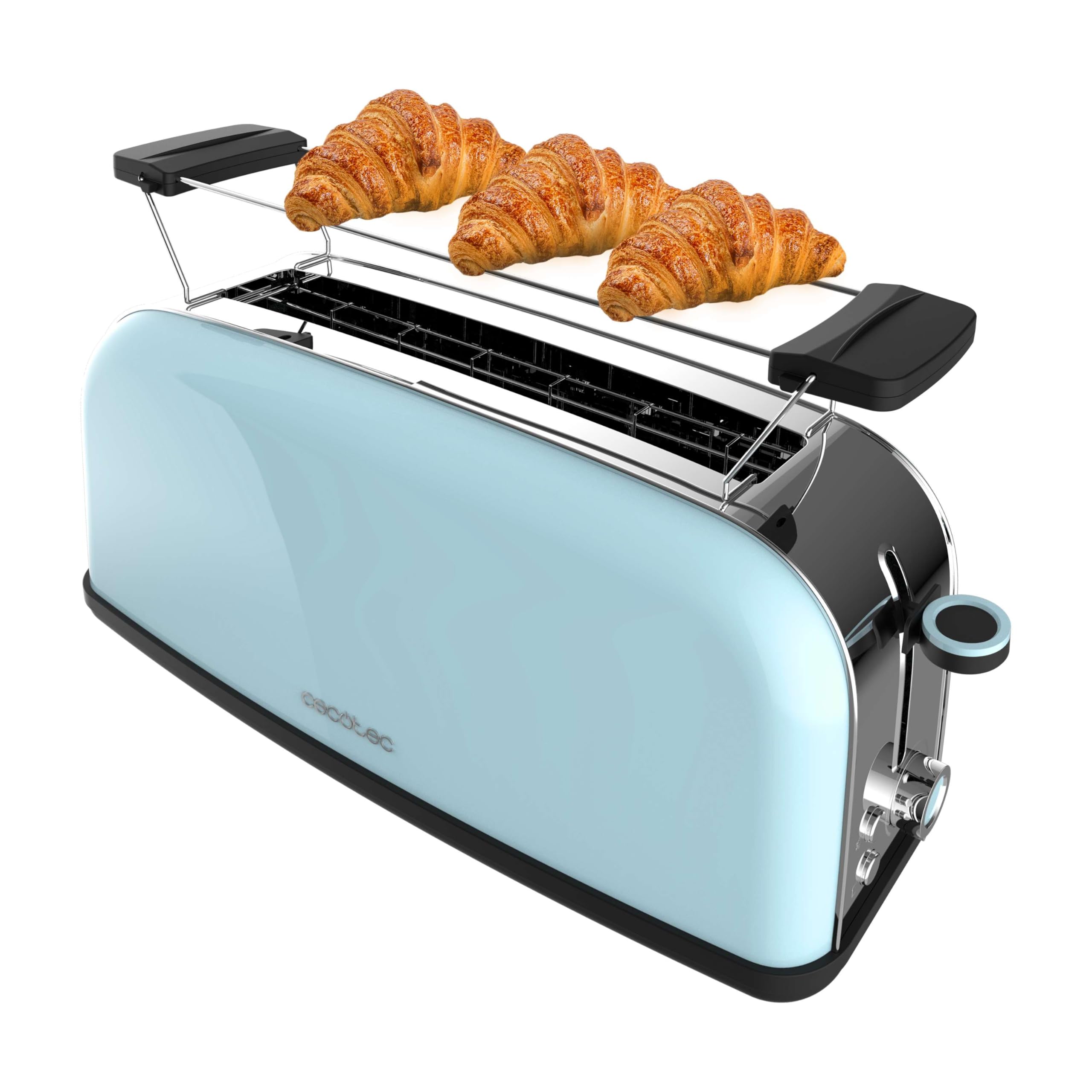 Cecotec Vertikaler Toaster 1 Langschlitz Toastin' time 850 Blue Long, 850 W, 2 Scheiben Brot, 3,8 cm breiter Schlitz, Brötchenaufsatz und Krümelschublade, Edelstahl, Blau