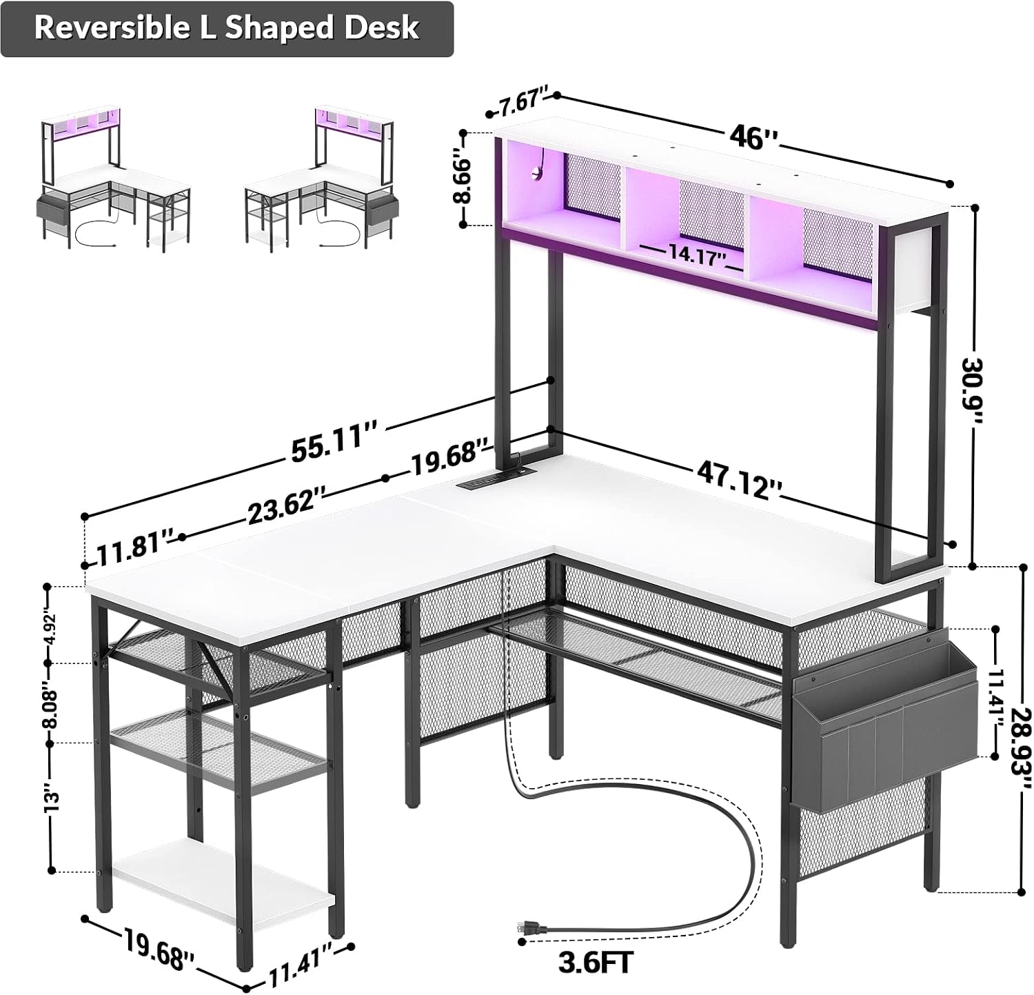 Unikito L Shaped Computer Desk with LED Strip and Power Outlets, Reversible L-Shaped Corner Desk with Storage Shelves and Bag, Industrial Gaming Table Writing Desk for Home Office Workstation, White
