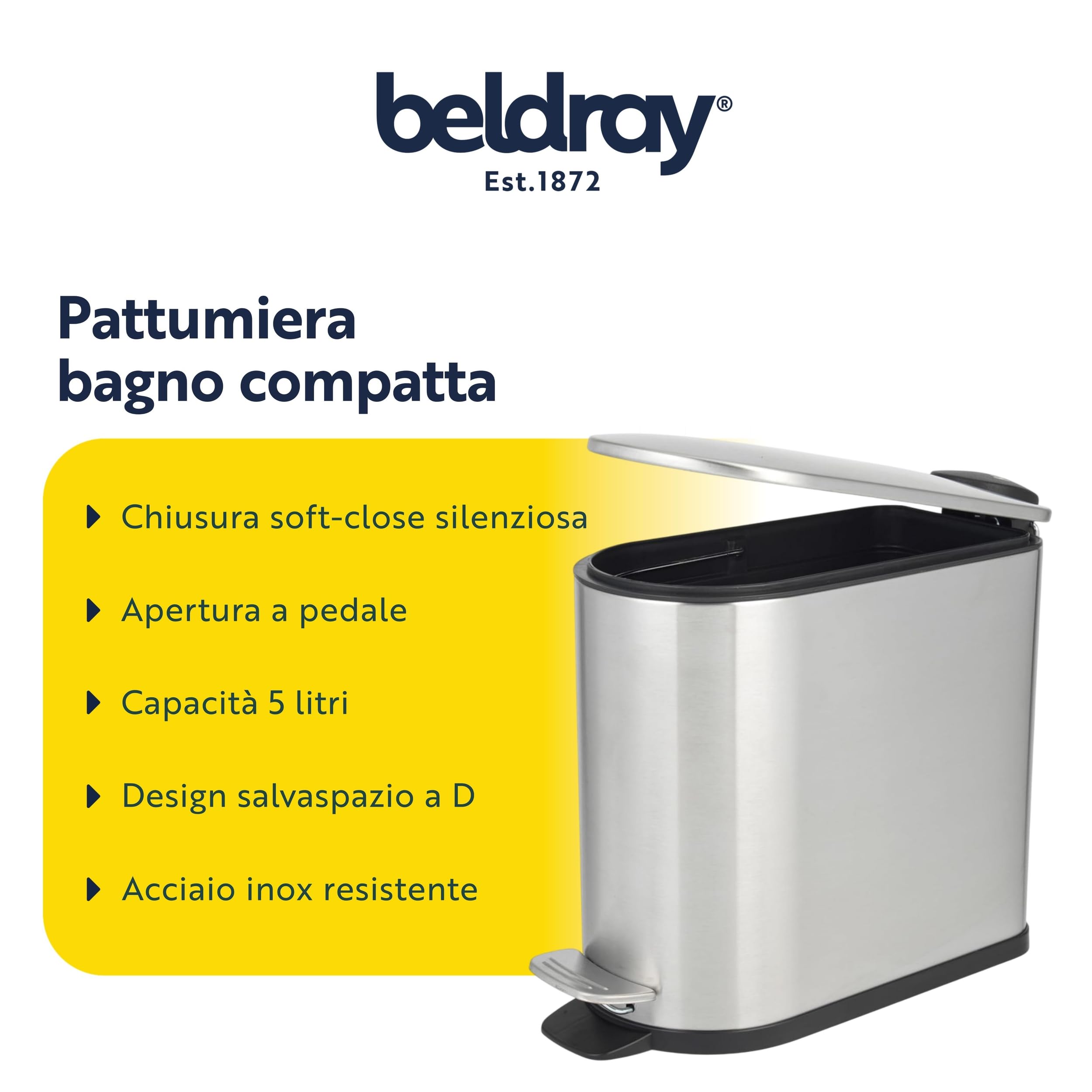 Beldray Pattumiera a pedale da bagno – 5 litri, coperchio a chiusura morbida con pedale, pattumiera a forma di D, per camera da letto, ufficio, cucina, acciaio inossidabile