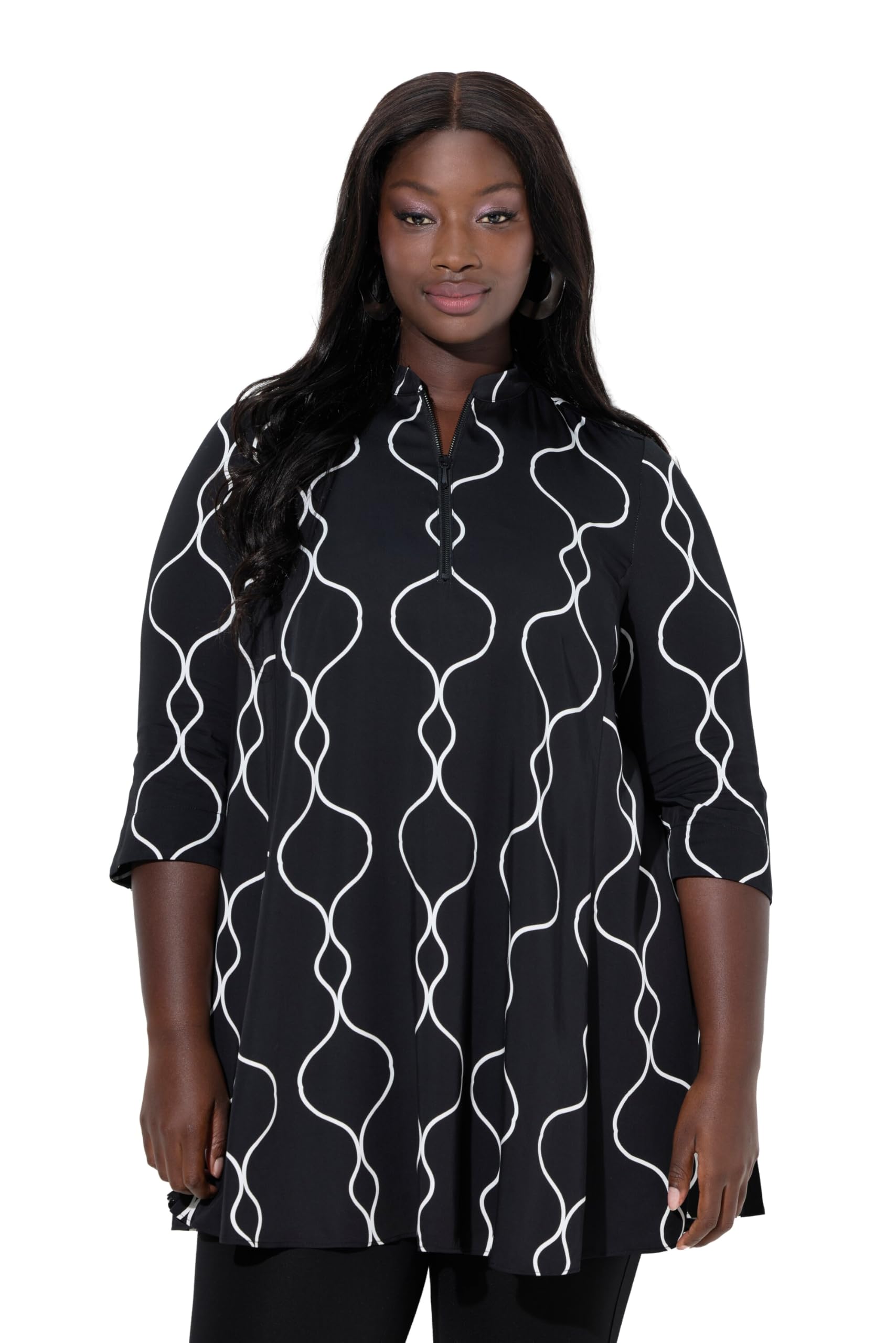 Ulla Popken Damen große Größen Übergrößen Plus Size Satinbluse, A-Linie, Stehkragen, Zipper, 3/4-Arm 844270