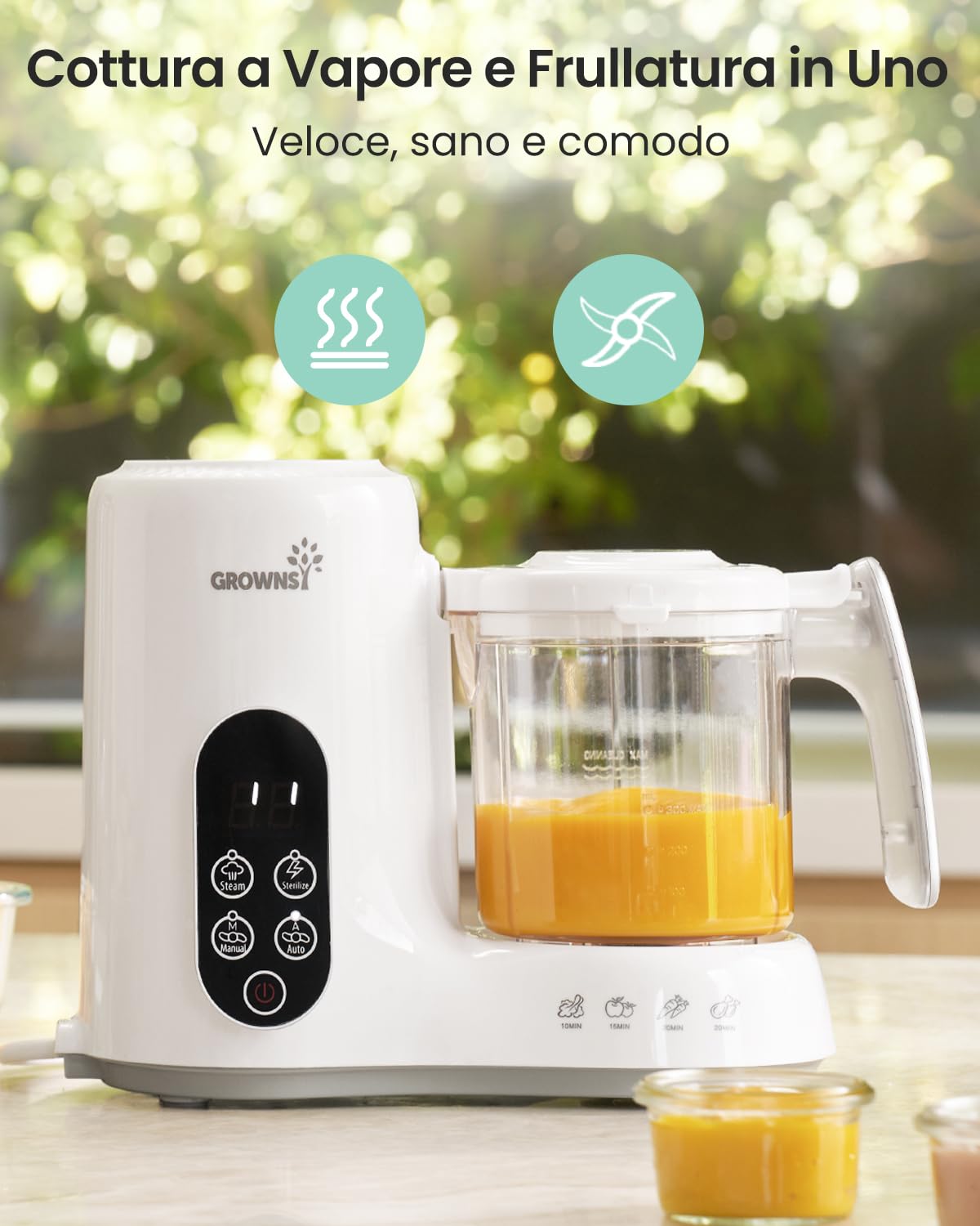 GROWNSY Cuocipappa Mixer Multifunzione per Neonati – Cuocivapore, Frullatore e Sterilizzatore in un Unico Apparecchio, Robot Cucina Multifunzione per Alimenti Aani Fatti in Casa per Bambini