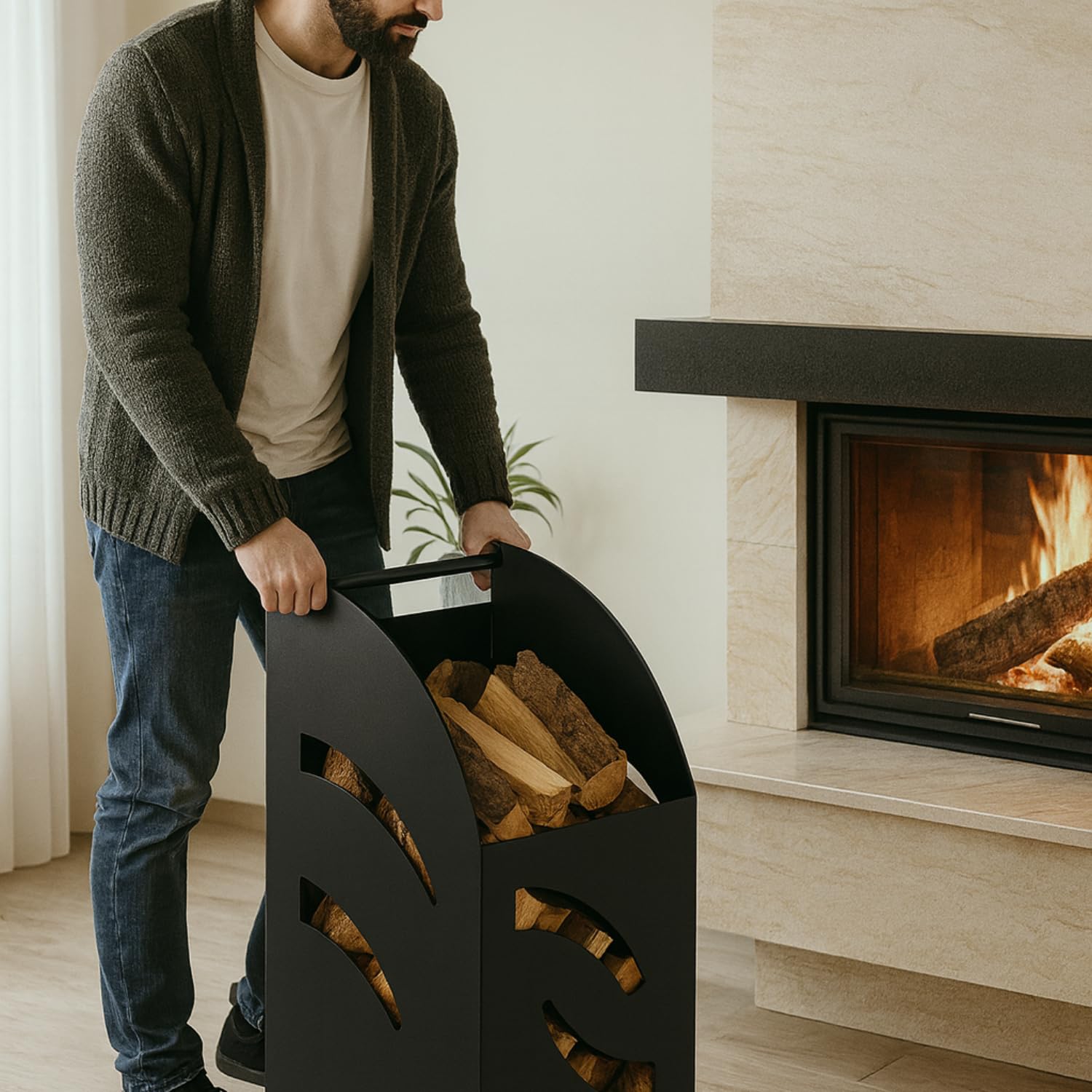 MOHOME Carrello Portalegna da Interno Esterno con Ruote Metallo Spesso Nero Made in Italy Contenitore 80 x 42 x 32 cm Legnaia Manico Ergonomico Ruote Piroettanti Cesto per Ceppi Legno Stufa Camino