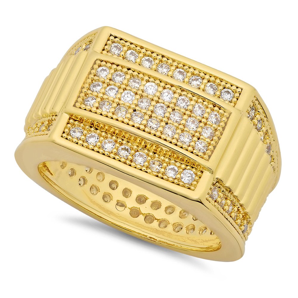 Hip Hop 14k Gold Plated Iced Out CZ 14.5mm Stacked Bands Bling Ring + Microfiber Cloth