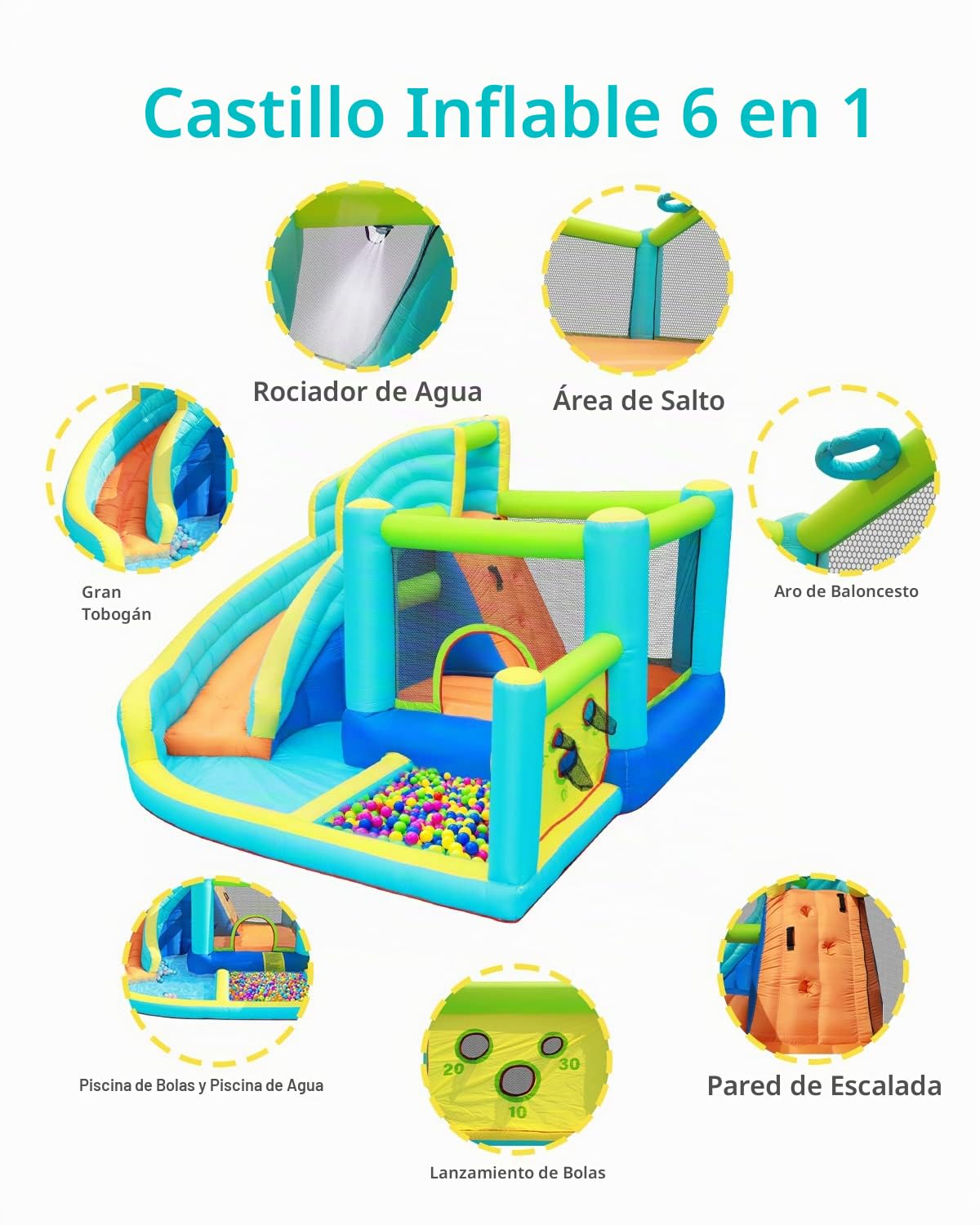 FBSPORT Castillo Hinchable Acuatico con Tobogán Seco/AcuáTico, Trampolín, Pared De Escalada y Piscina Infantil, Castillo Hinchable Grande para Niños para Jardín Exterior Interior 360 X 340 X 218 cm