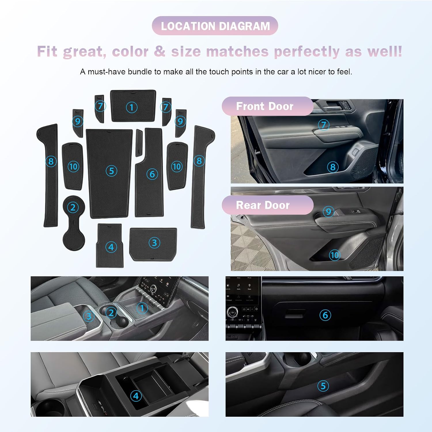 LUWU for 2025 2026 GMC Terrain Accessories - for 2025 2026 GMC Terrain Elevation/AT4/Denali Door Slot Mats Cup Holder Inserts Center Console Liners Mats Black-Trim - 15 PCS/Sets