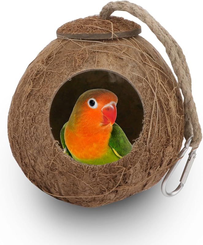 Ninho para Aves de Casca de Coco Natural Hypeety com Corda, 13 cm