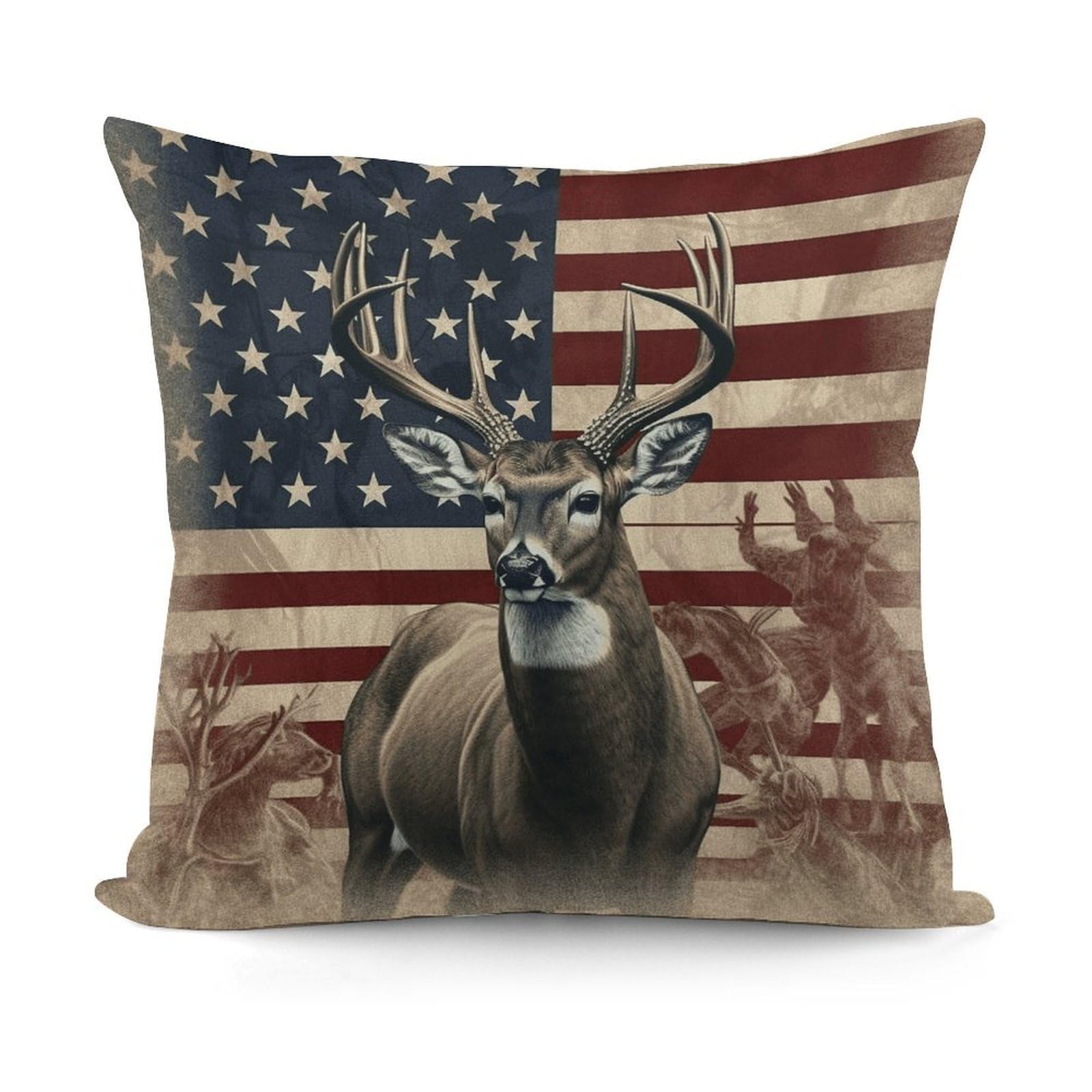 VstaDank Americana Flag Deer Throw Pillow Cover Soft Square Cushion Cover Art Artwork Pillow Covers Mordern Couch Pillow Covers Decorative Cushion Case for Chair Couch Bedroom Living Room