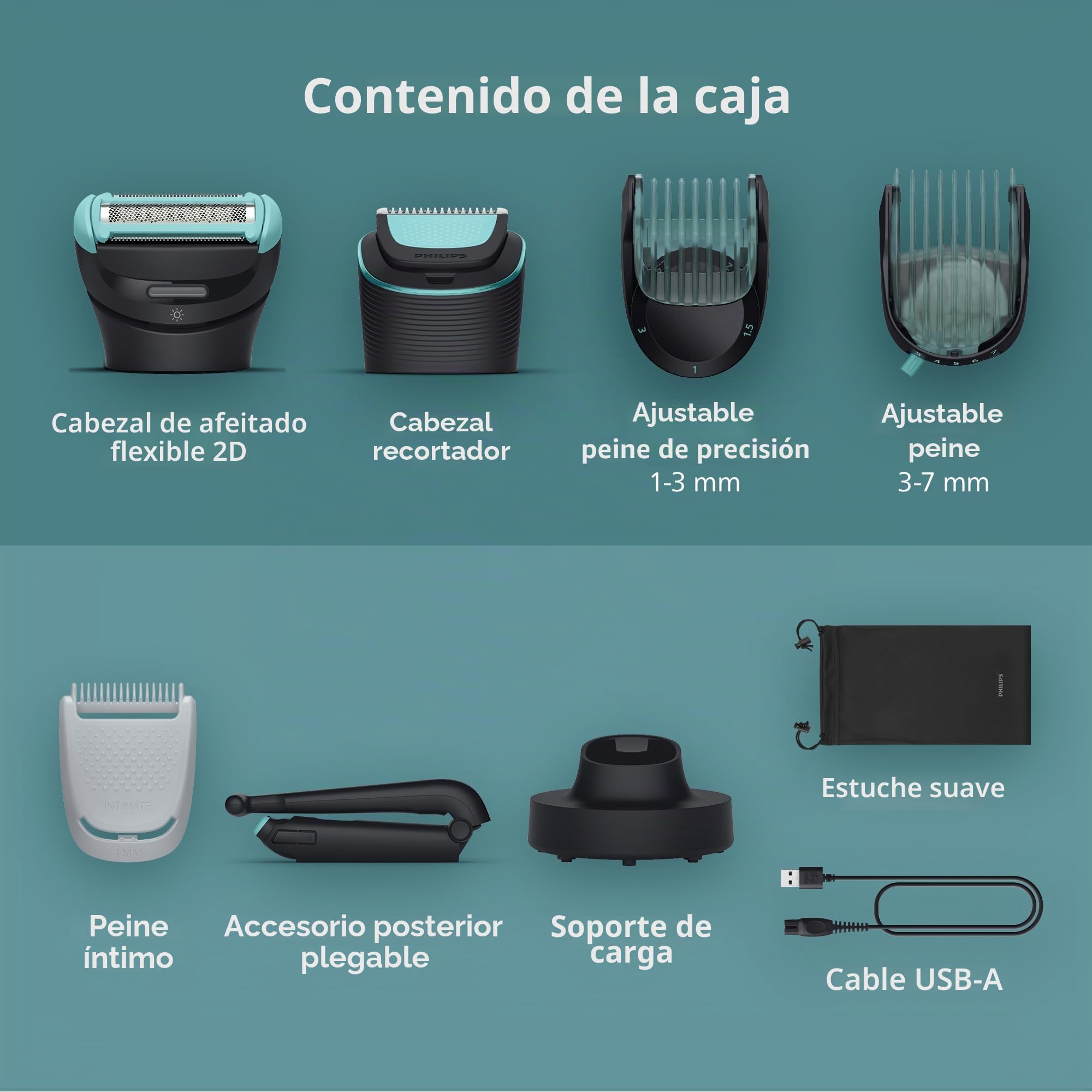 Philips Norelco Body Groomer Serie 7000, peluquero de cuerpo entero para hombre, cabezal flexible 2D que sigue el contorno, sistema de afeitado de triple protección y recortador de pelo corporal