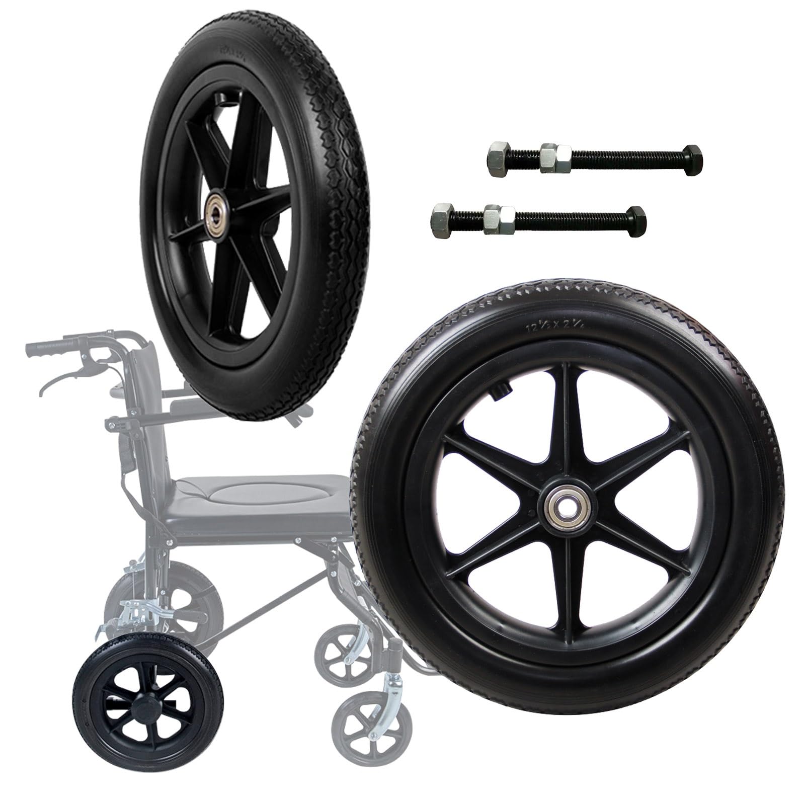 Hwzeqr Black 2X Wheelchair Wheels, 12" Solid Pu Rear Wheel For Wheelchair, Caster Assembly, With Bearing, Wear-Resistant, Replacement Wheels For Walkers Rollators And Wheelchairs
