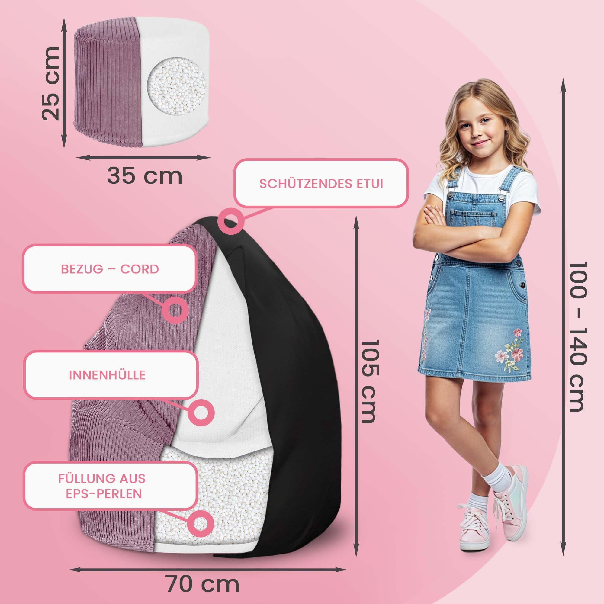 DreamRoots Sitzsack Kinder Cord 70x70x105 mit Hocker, Plum Smoothie | Bean Bag Chair mit Hocker, Lehne & Bezug, mit Füllung, Sitzkissen Boden, Kindersitzsack Kinderzimmer