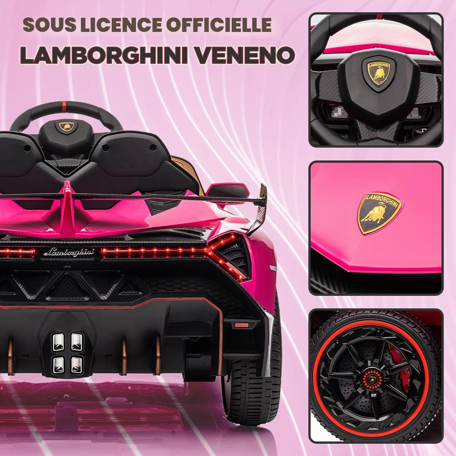 IDEALHOUSE Voiture électrique enfant 12V Lamborghini sous licence – Portes papillon – Télécommande parentale – LED, musique sans fil/USB/MP3 – Siège large – Pour enfants dès 3 ans – Couleur : rose Red