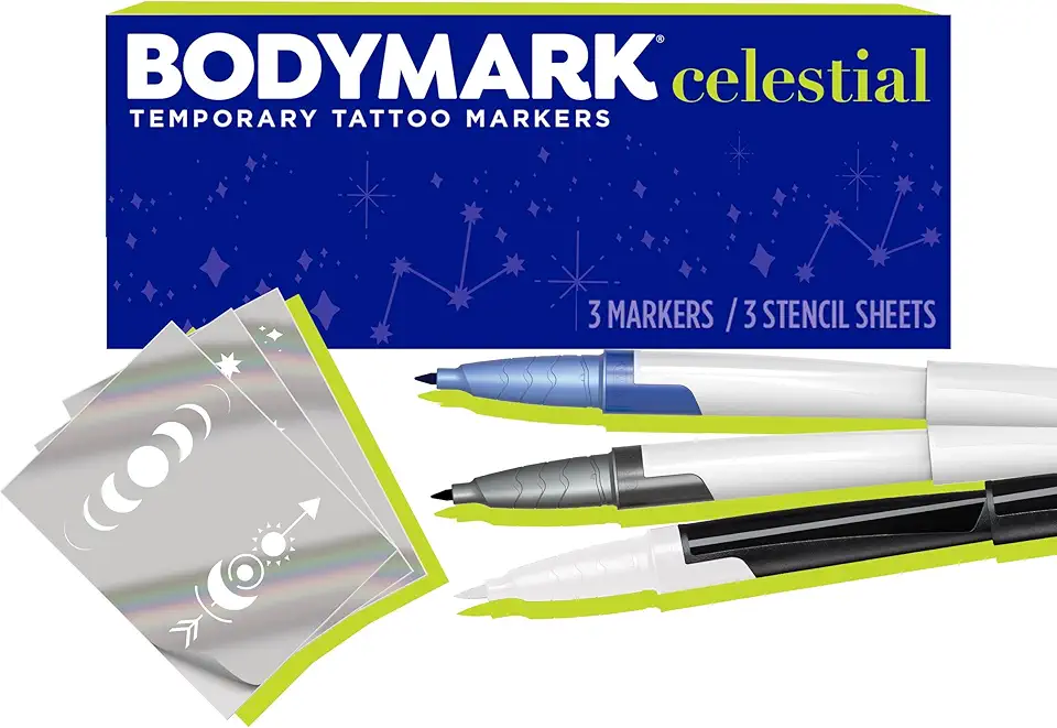 BIC BodyMark Conjunto de marcadores de tatuagem temporários para pele, ponta de pincel premium, pacote com 3 unidades de cores e estênceis temáticos variados, conjunto de marcadores de tatuagem