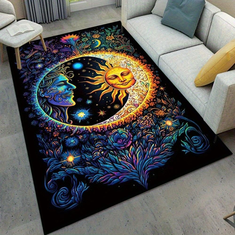 Bycmuoz Sun and Moon Area Rugs, 60x110cm, Bohemian Art Celestial Patterns Living Room Carpets, Mysterious Vintage Washable Carpets, Dirty Resistant Pet-Friendly Sofa Mats for Garden Indoor — image 1