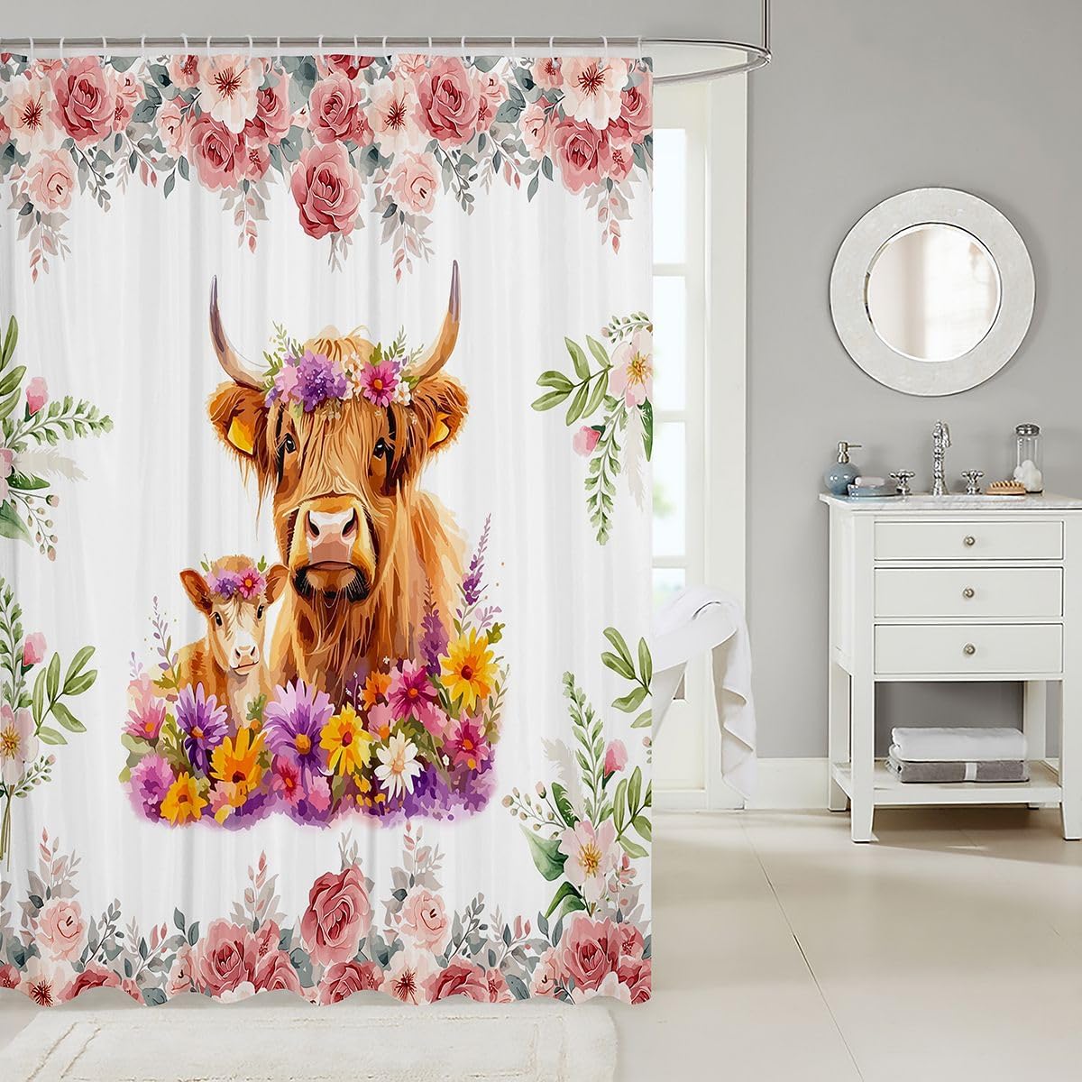 Erosebridal Highland Cow Flow Shower Curtain 72" Wx72 L Blooming Florals Waterproof Bathroom Accessories Farmhouse Cattle Bath Curtain for Bathroom Showers Western Funny Animal image 2