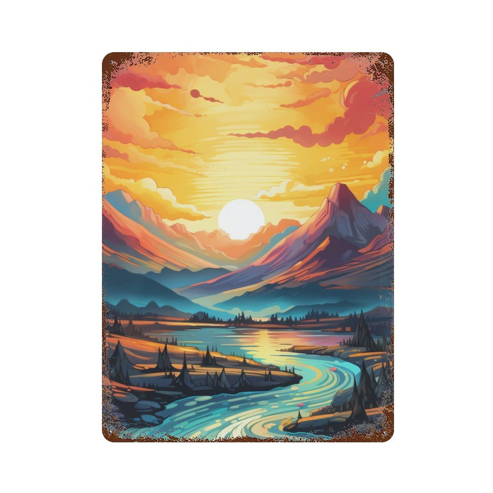 Sunset Mountain River Landscape Aged Metal Wall Plaque 15.7"x11.8", Rustic Home Decor for Garage, Pub Or Kitchen