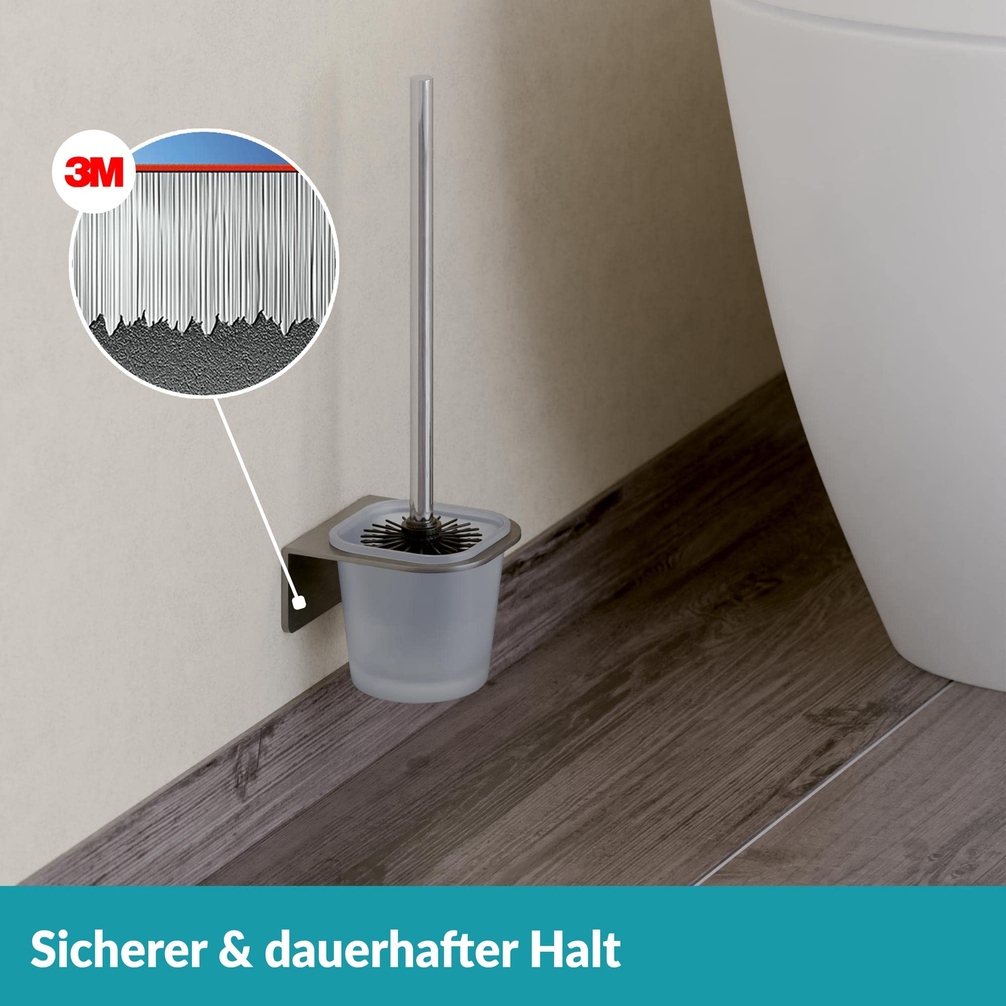 WEISSENSTEIN Toilettenbürstenhalter Set zur Wandmontage ohne Bohren - WC | Garnitur Set mit Bürste, Bürstenhalter aus Glas, Edelstahl Halterung zum Kleben