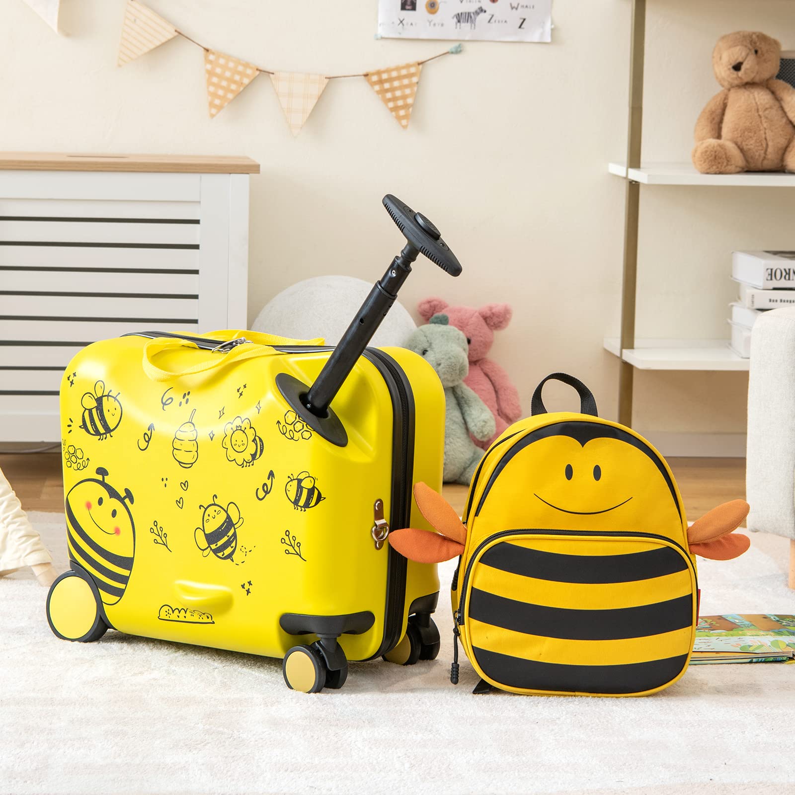 DREAMADE Valise Roulette Enfant 18" et Sac à Dos 12" avec Bandoulière Réglable Bagage Cabine Enfant 3+Ans avec Roues Pivotante 360° Bagage à Main Fille et Garçon Charge 50KG+8KG (Abeille)