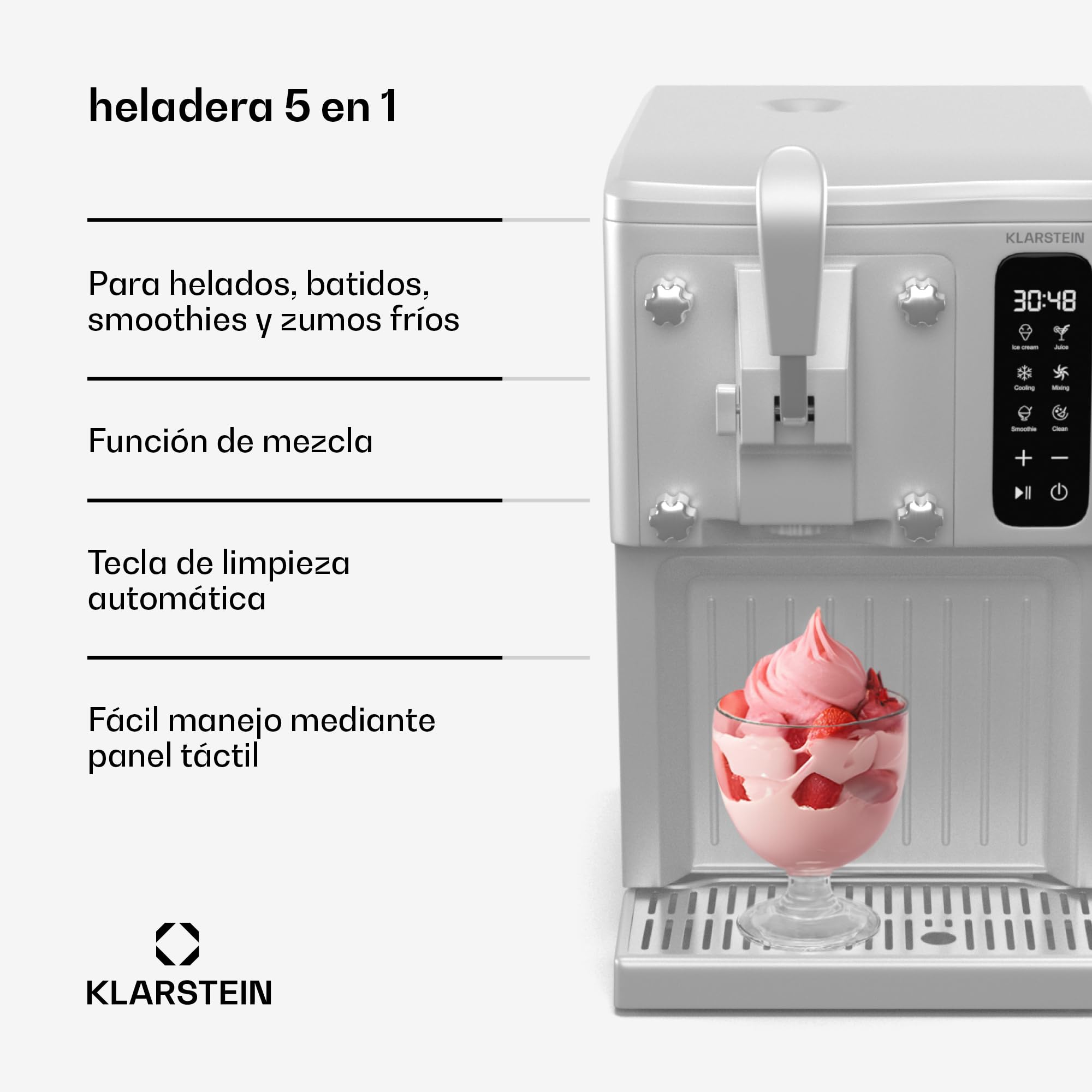 Klarstein SweetSwirl Heladera - Máquina de Helados 3 en 1 para Helados, Batidos & Smoothies, Dispensador, Depósito 1.5L, Pantalla Táctil, Modo Frío, Limpieza Automática, Blanco