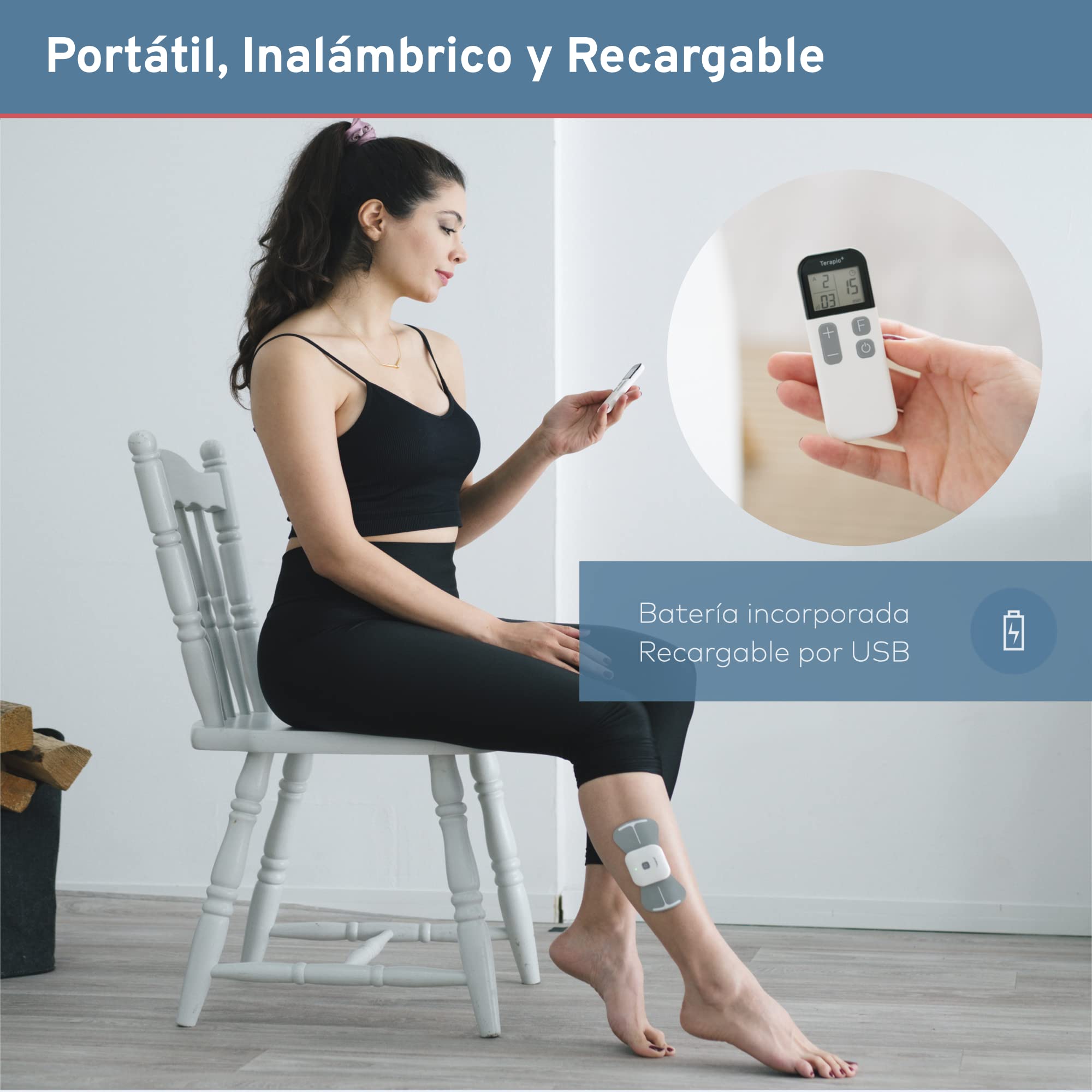 Electroestimulador TENS Inalámbrico para el Alivio del Dolor. Electroestimulador Muscular de Fisioterapia con Mando a Distancia. Recargable. 15 Modalidades para el Tratamiento del dolor