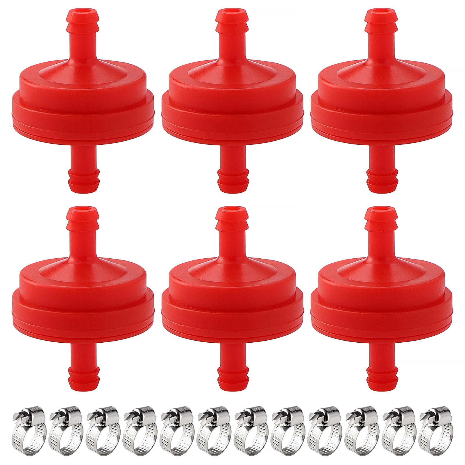 VooGenzek 6 PCS 1/4" I.D. Red Inline Fuel Filter, Lawn Mower Inline Gas Fuel Filter Replacement, with 12 PCS Clamps, Compatible with BS 298090 298090s