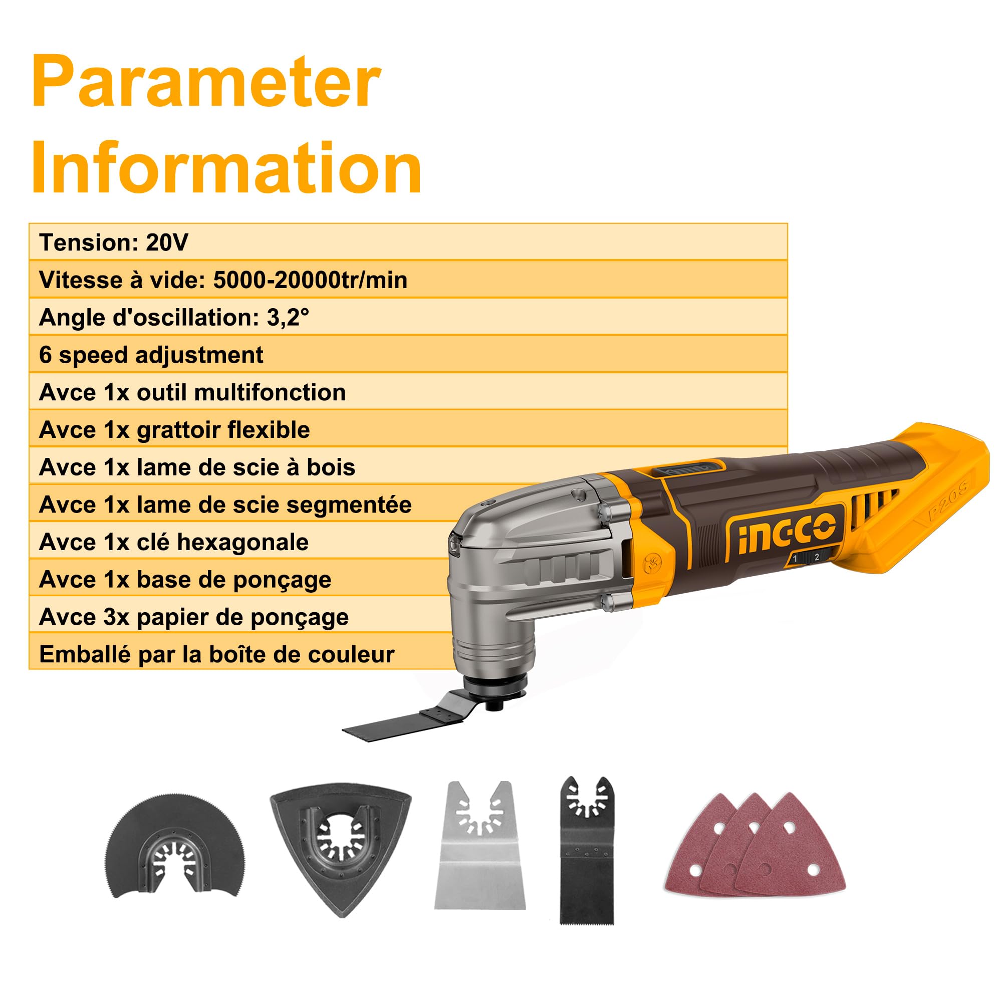 INGCO Outil Oscillant sans Fil 20V (Produit seul) Outil Multifonction Oscillant 5000-20000 tr/min, 6 Vitesses, avec 8 Pièces Accessoires pour Couper, Poncer, Gratter, Scier CMLI2022