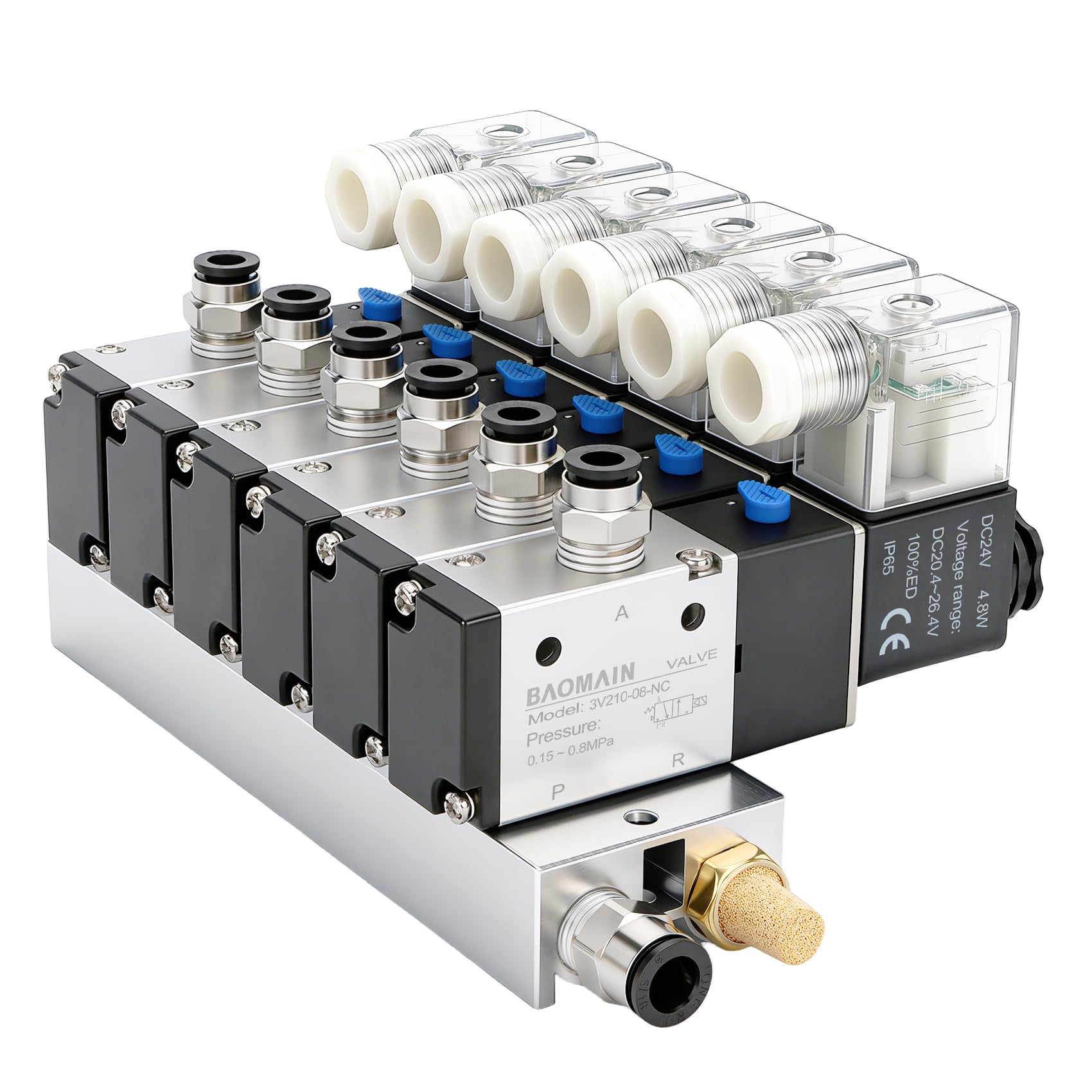 Baomain Válvula solenoide neumática de 6 espacios 3V210-08 24VDC PT1/4 2 posiciones 3 vías con silenciador base juego de accesorios rápidos