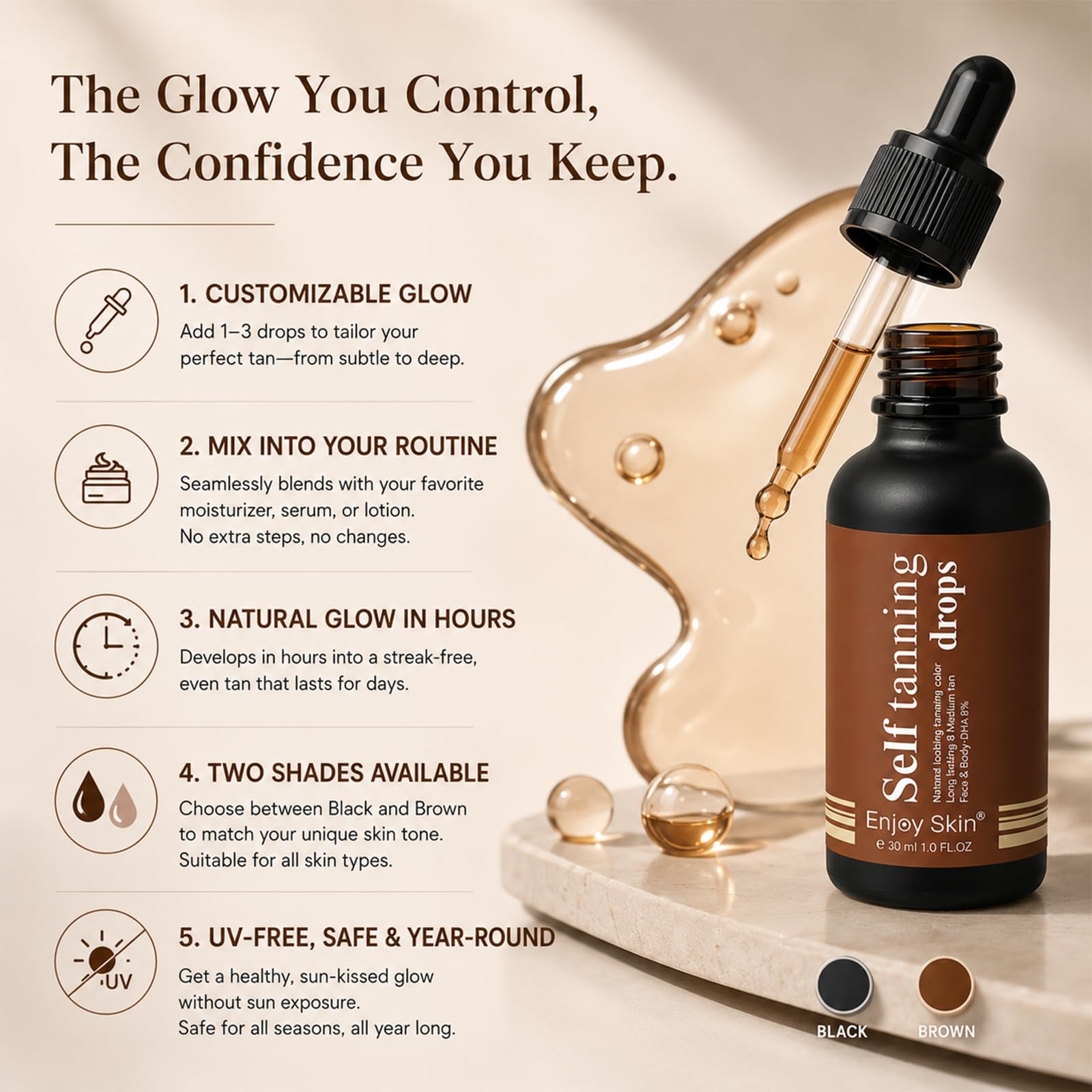 30ml Self Tanning Drops, Gotas Autobronceadoras, Brillo Bronceado para Todo Tipo de Pieles, Bronceado Personalizado, un Efecto de Bronceados sin Tomar el Sol(Marrón)